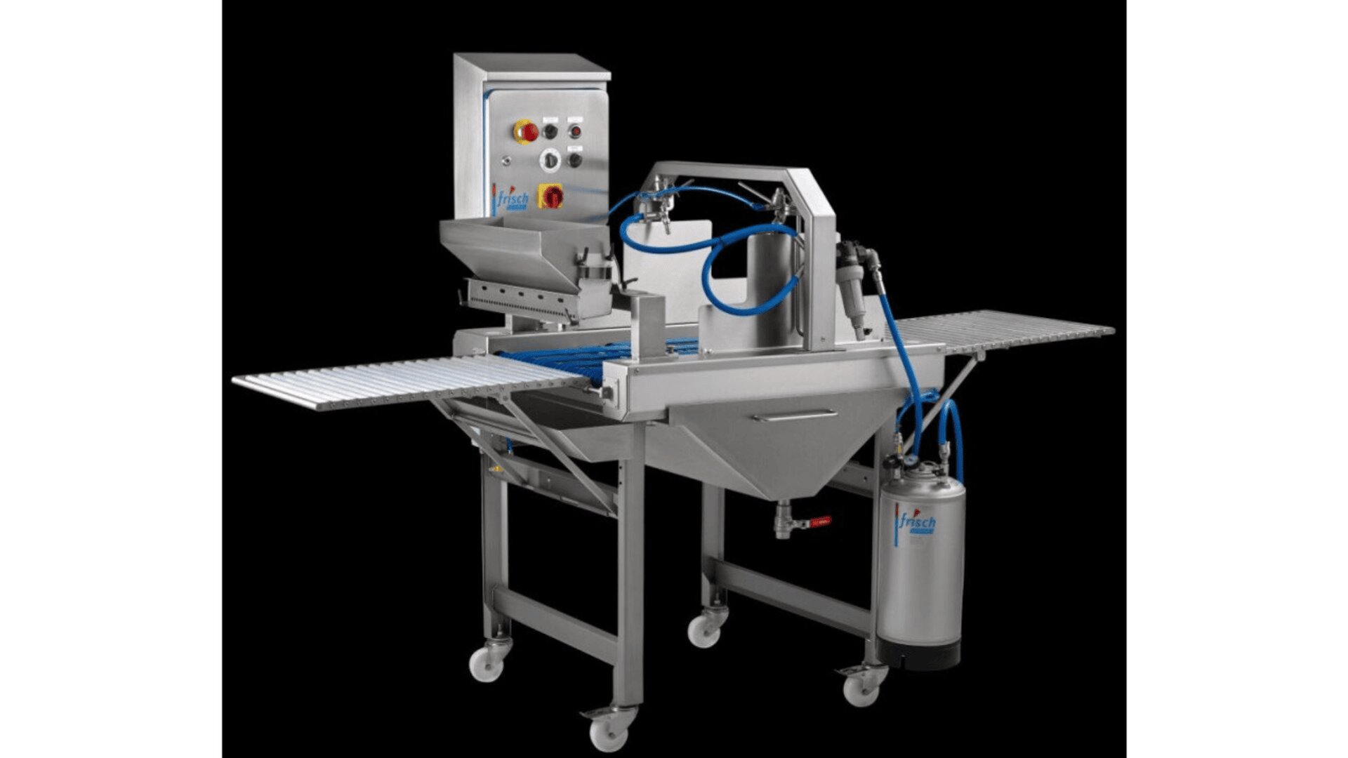 A stainless steel industrial food processing machine with control panel, conveyor belt, tubing, and wheels, designed for automated operation, set against a black background.