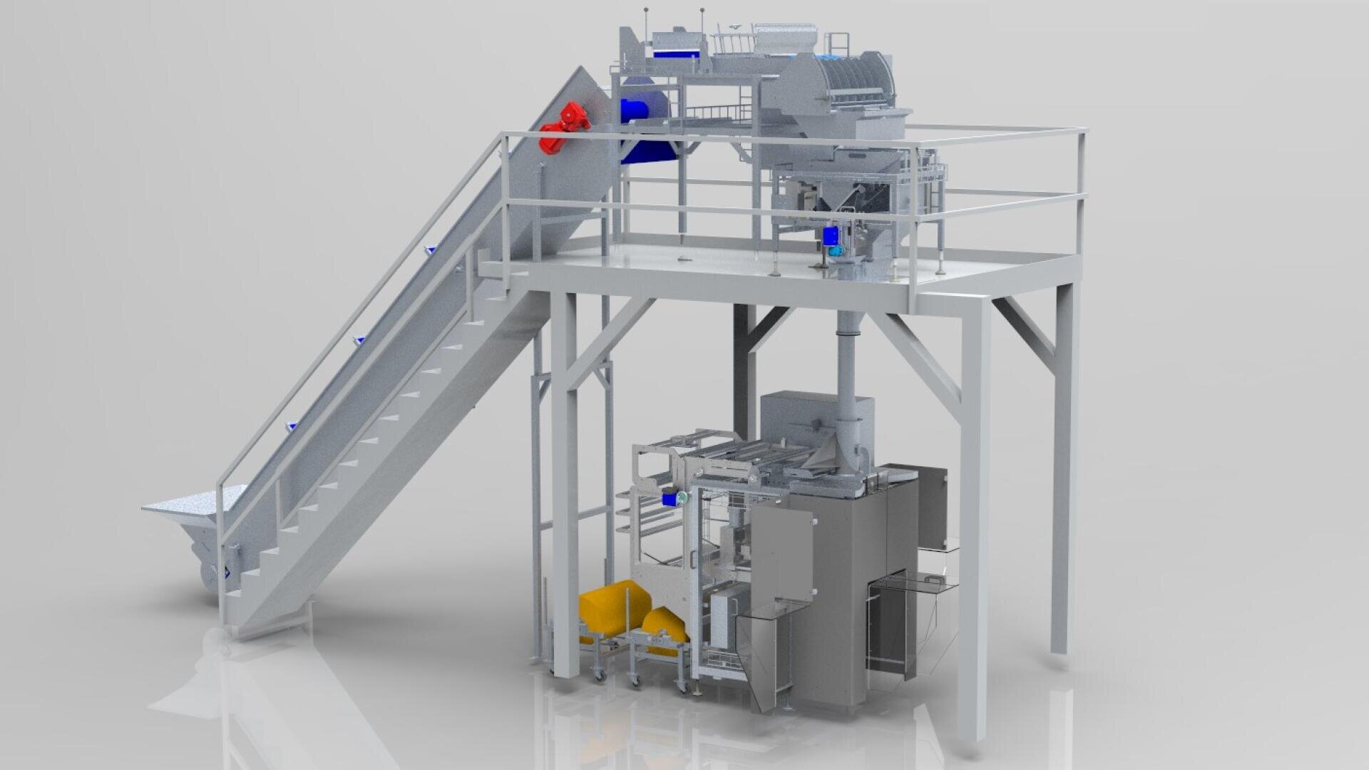 A 3D-rendered industrial machine with a metal staircase on the left leading to an elevated platform, machinery with blue accents on top, and additional equipment and piping underneath the platform.