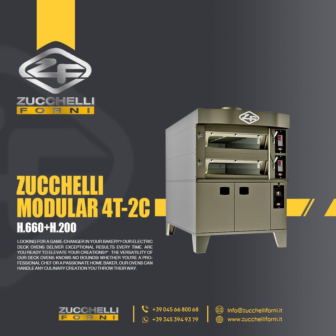A digital advertisement for Zucchelli Forni features a metallic modular oven model 4T-2C on a gray background with yellow geometric accents, product details, and company contact information at the bottom.