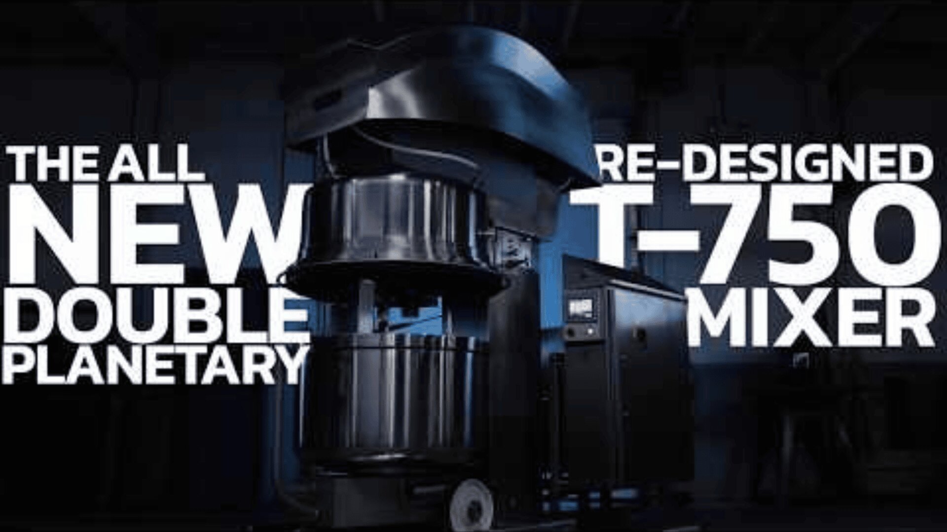 A large industrial agitator stands in the center against a dark background with bold white lettering: The new T-750 double planetary agitator in a new design.