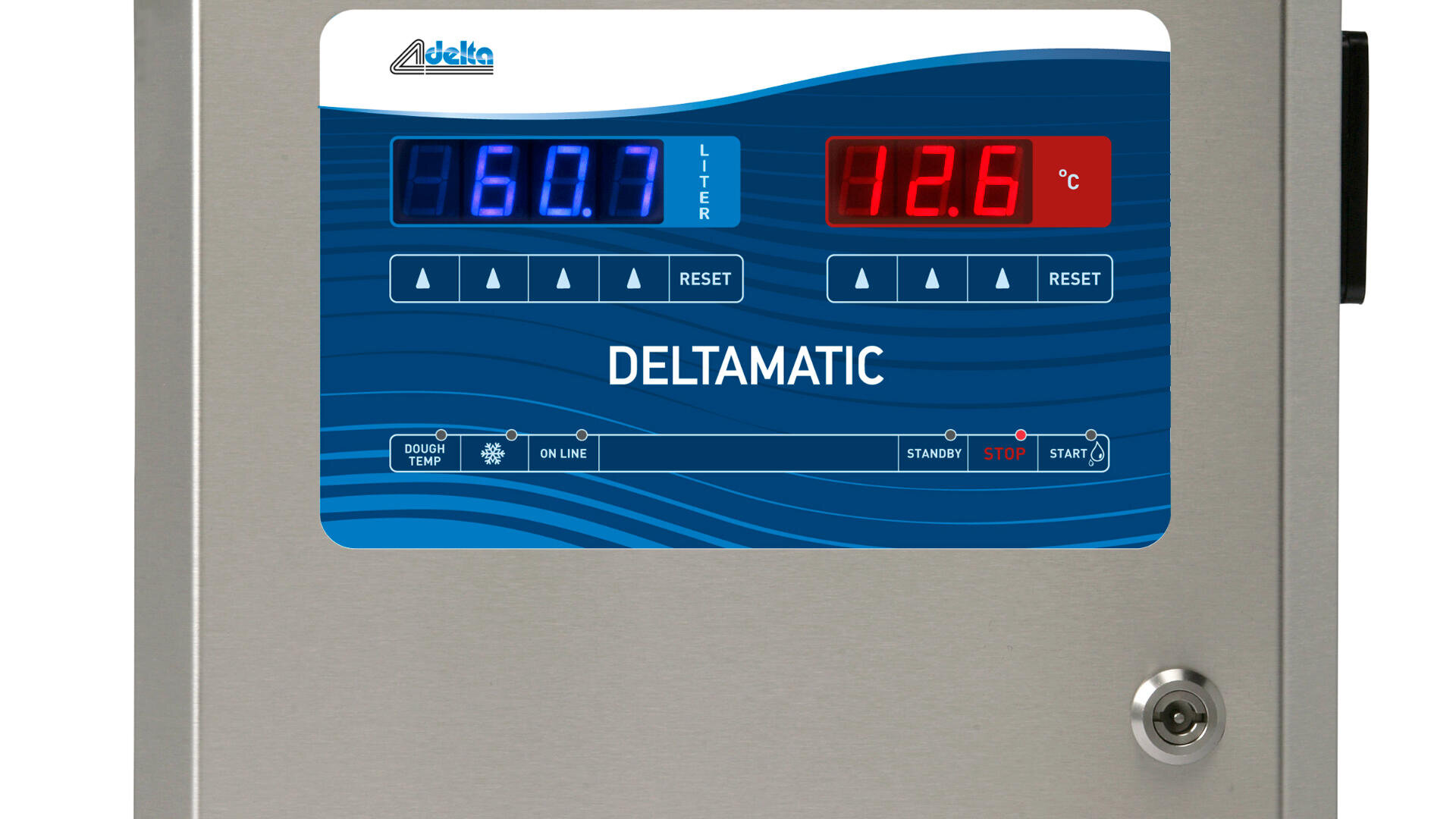 Close-up of a Deltamatic control panel showing digital displays: 60.1 liters in blue and 12.6°C in red, with buttons for reset, select, and operations on a metallic surface.