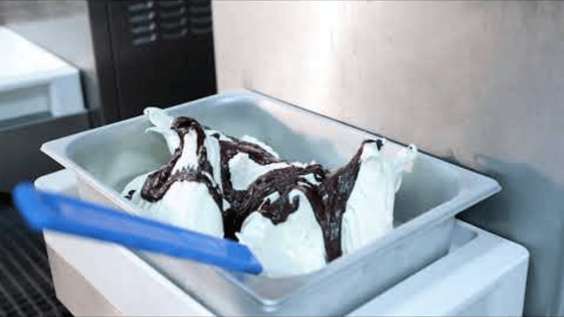 Auf der Theke einer Eisdiele steht ein Metallbehälter, gefüllt mit weißem Eis, garniert mit Wirbeln aus dunkler Schokoladensoße und einem Spatel mit blauem Griff darin.