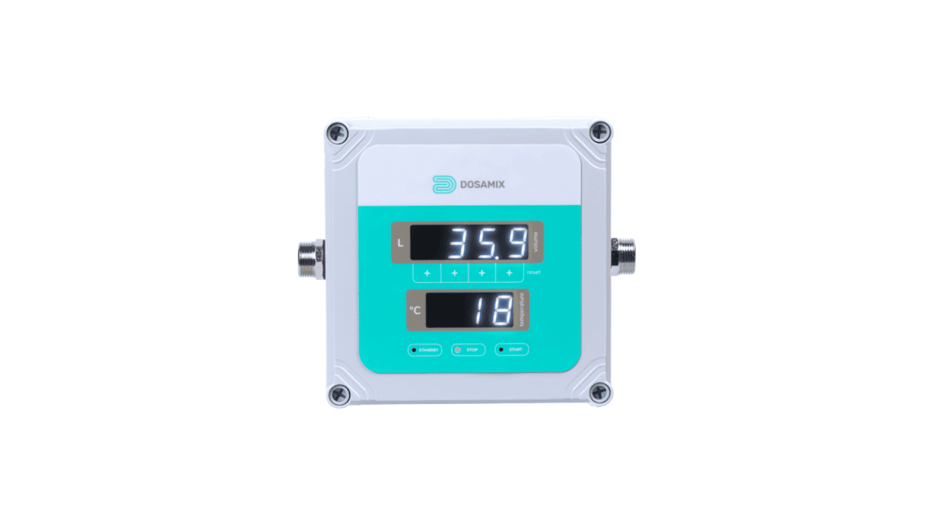 Ein digitales Bedienfeld mit einem Display, das 35,9 auf dem oberen Bildschirm und 18 auf dem unteren Bildschirm anzeigt, mit der Aufschrift DOSAMIX, in einem rechteckigen Gehäuse in Weiß und Teal.