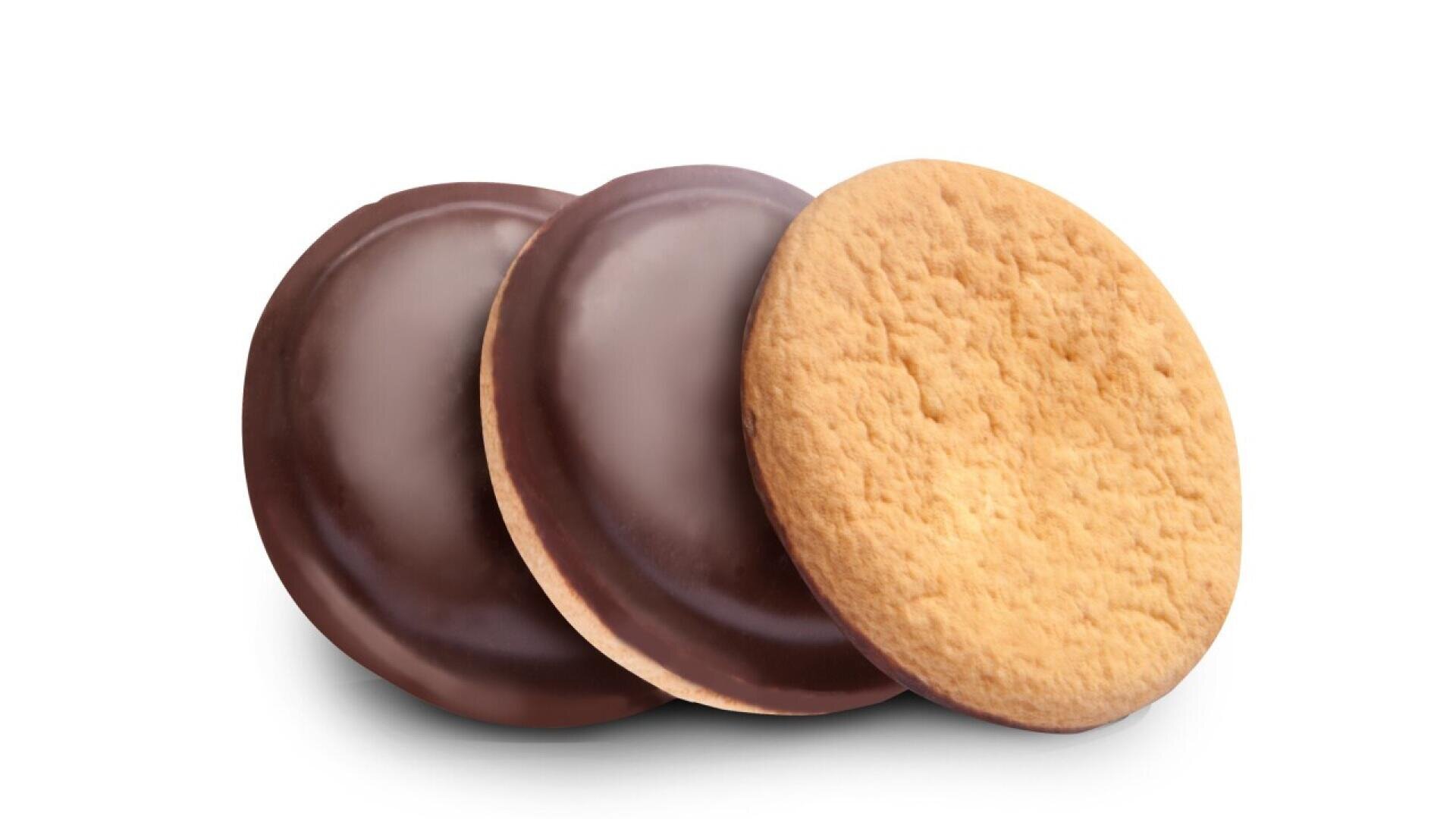 Three round biscuits are shown, with two covered in chocolate and one plain, on a white background. The biscuits are slightly overlapping each other.