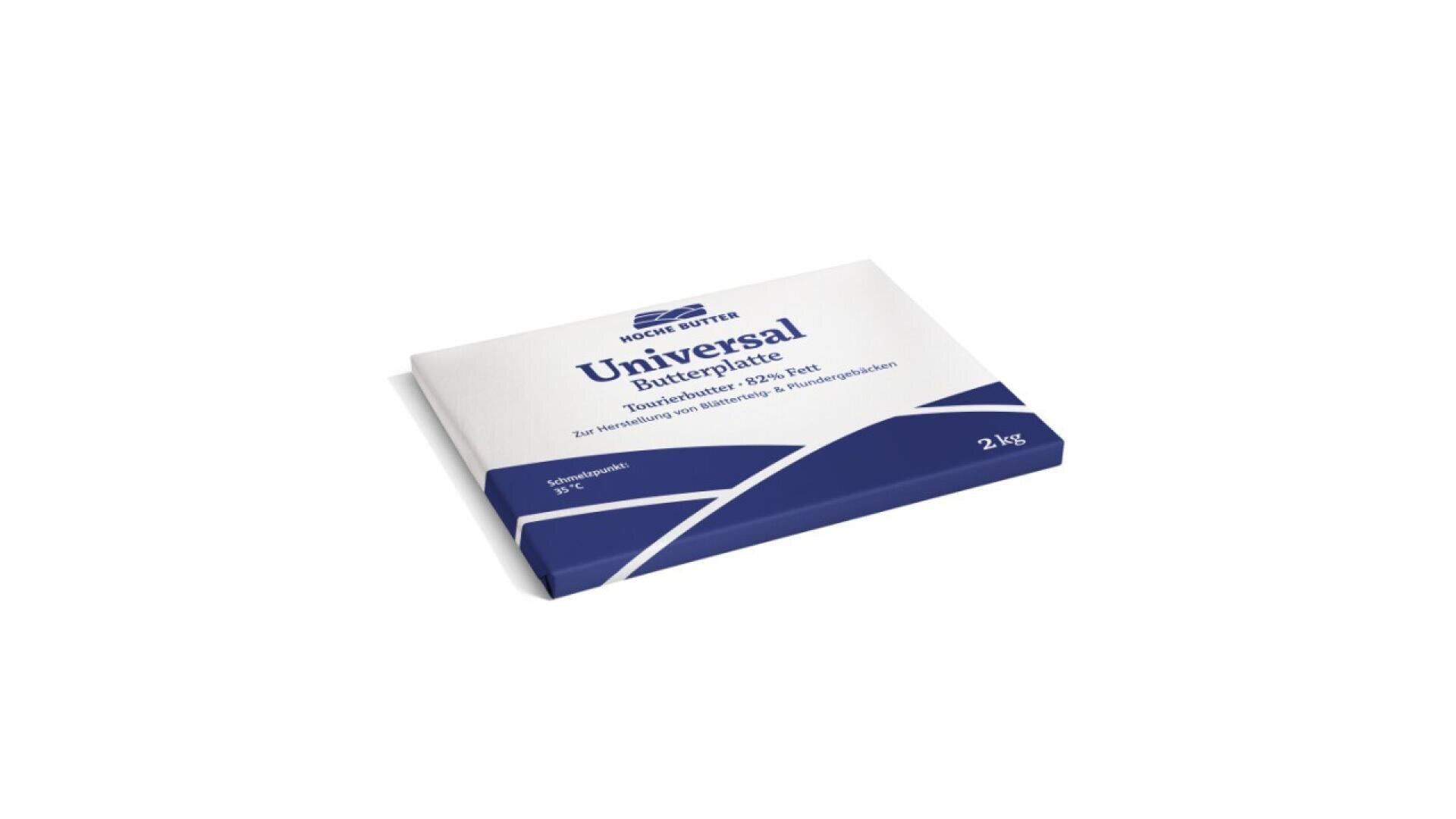 A rectangular 2 kg package of Hoch Butter Universal Butterplate, wrapped in white and blue paper with text in German and English, displayed against a plain white background.