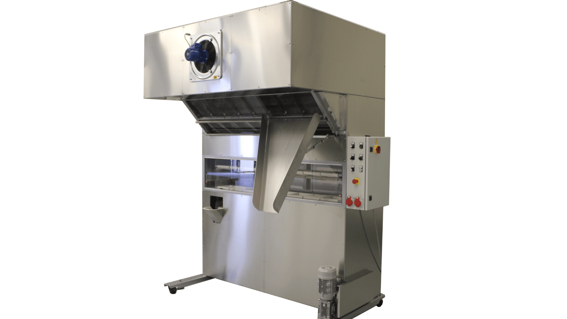 A large stainless steel industrial machine with a conveyor chute, control panel with buttons, and a fan at the top, used for food processing or packaging.