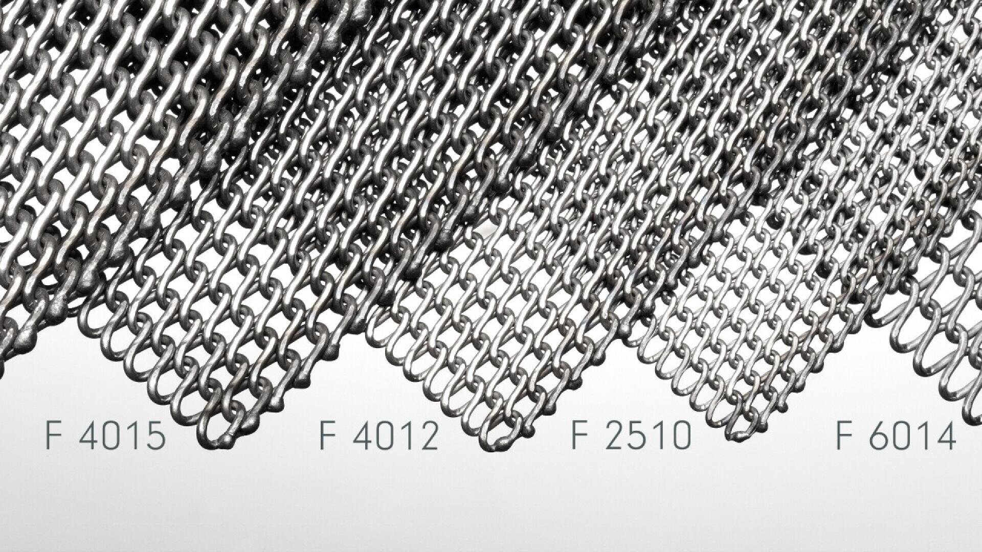 Close-up of four overlapping metal chains, each with a distinct pattern. Below each chain are labels: F 4015, F 4012, F 2510, and F 6014. The background is white and minimal.
