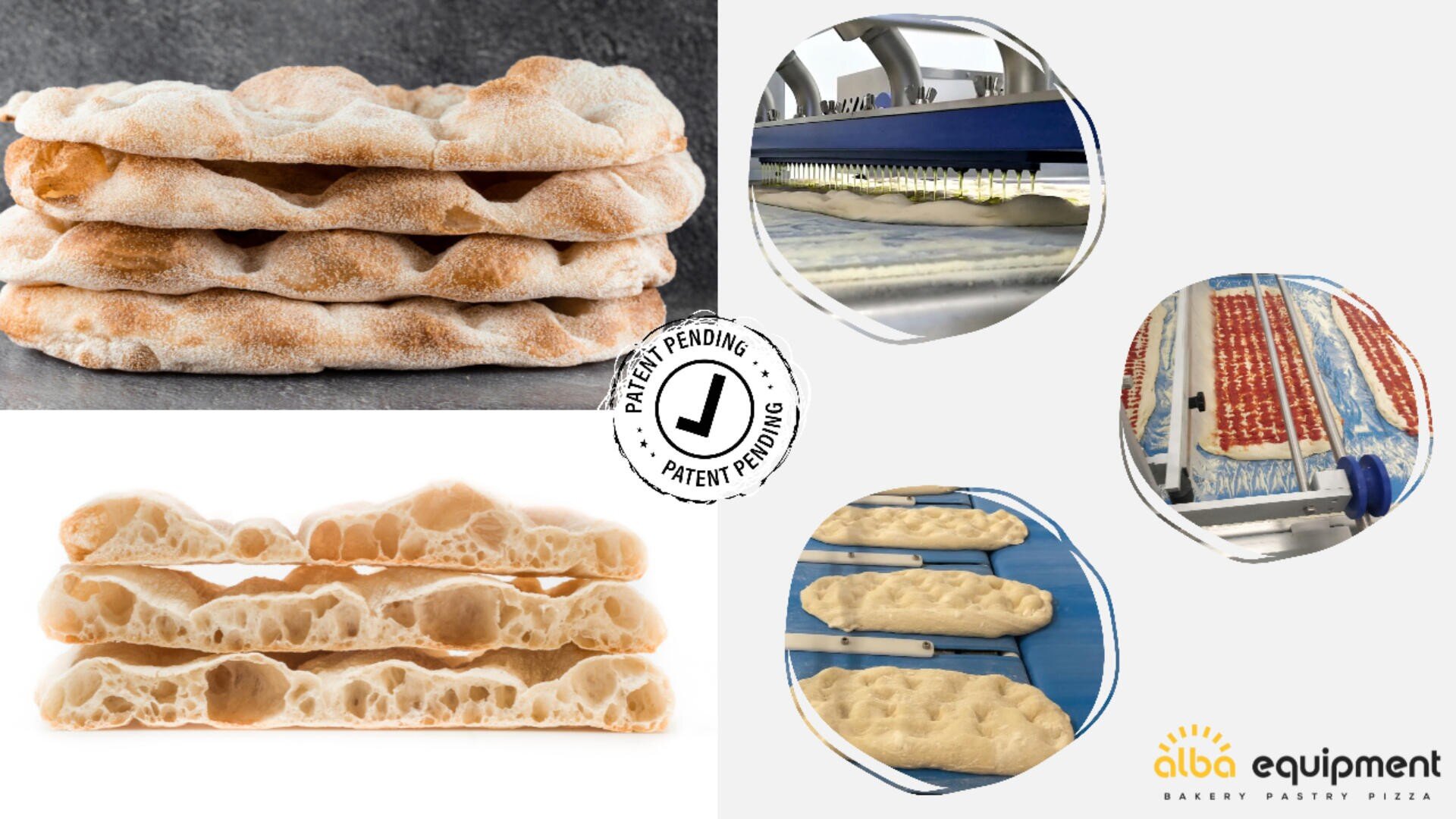 Four stacked and three sliced pieces of airy flatbread on the left; on the right, three photos of industrial machines processing dough. Patent Pending and alba equipment logos are also visible.