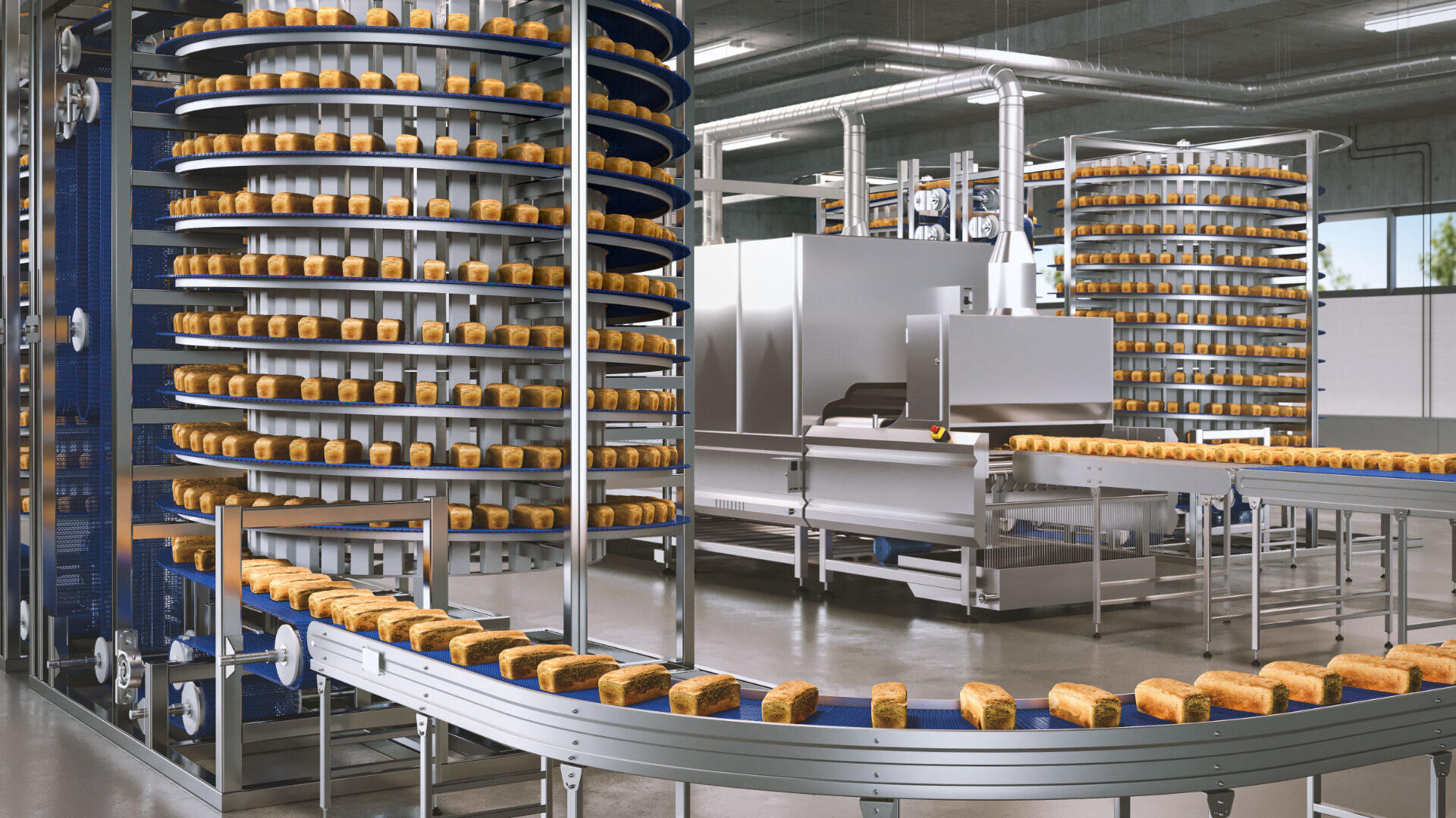 Reihen frisch gebackener Brotlaibe bewegen sich über Förderbänder und spiralförmige Kühlregale in einer großen, modernen Industriebäckerei mit Geräten und Maschinen aus Edelstahl.