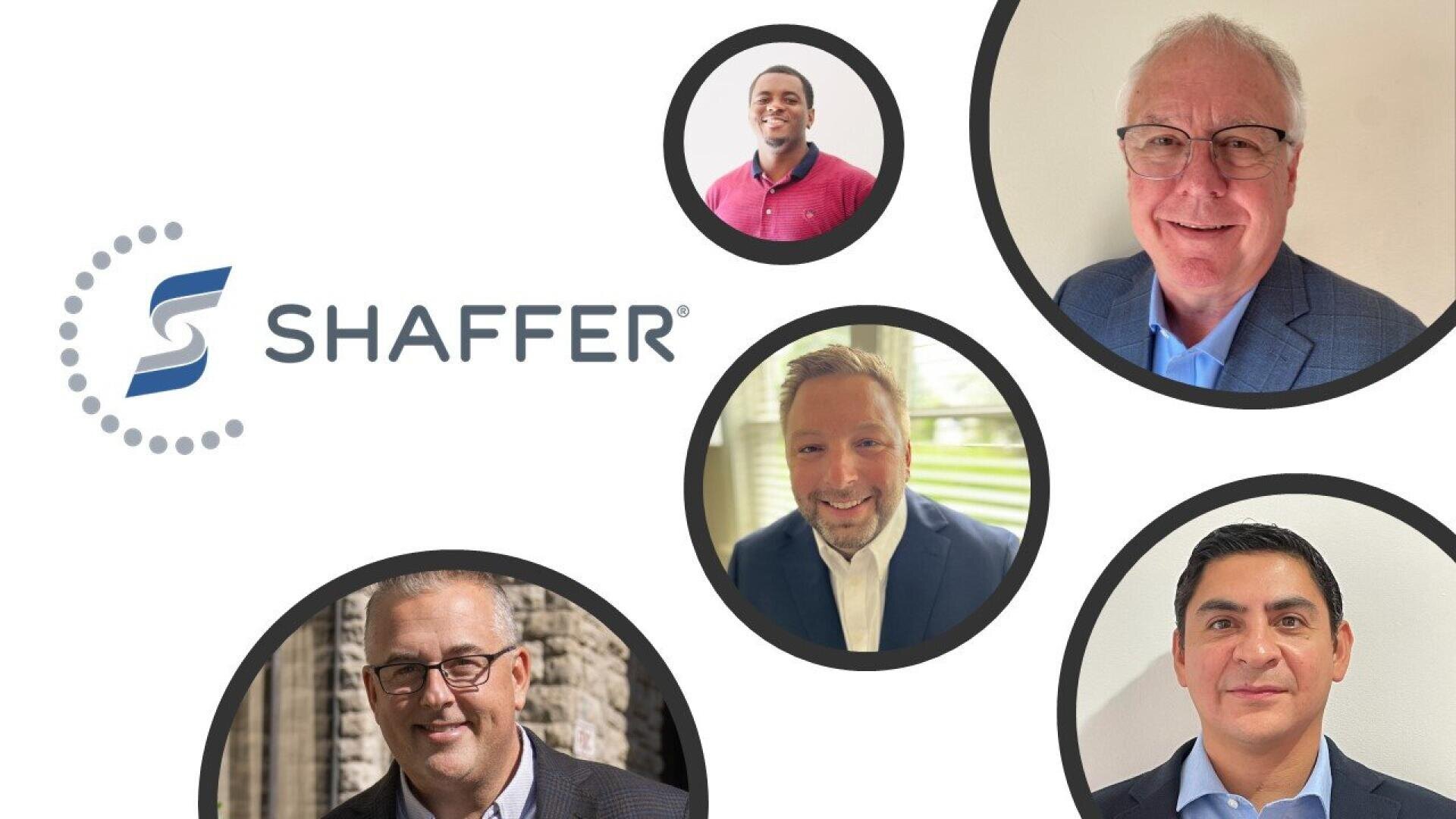 Das Shaffer-Firmenlogo auf der linken Seite, mit fünf lächelnden Männern in Geschäftskleidung, die in kreisförmigen Rahmen auf der rechten Seite des Bildes dargestellt sind.