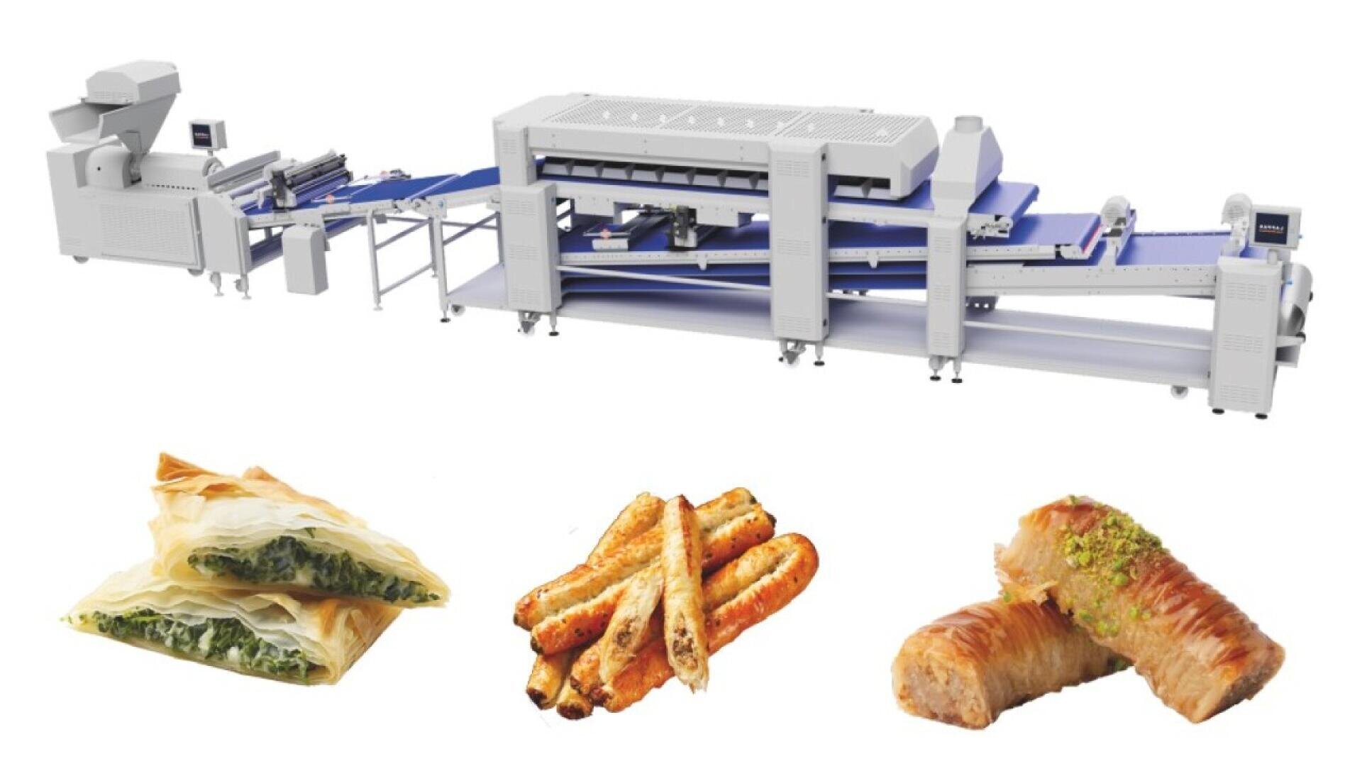 Über den Bildern von drei Gebäcksorten ist eine große industrielle Maschine zur Herstellung von Gebäck zu sehen: Spanakopita, gerolltes Käsegebäck und Baklava mit Pistazienüberzug.