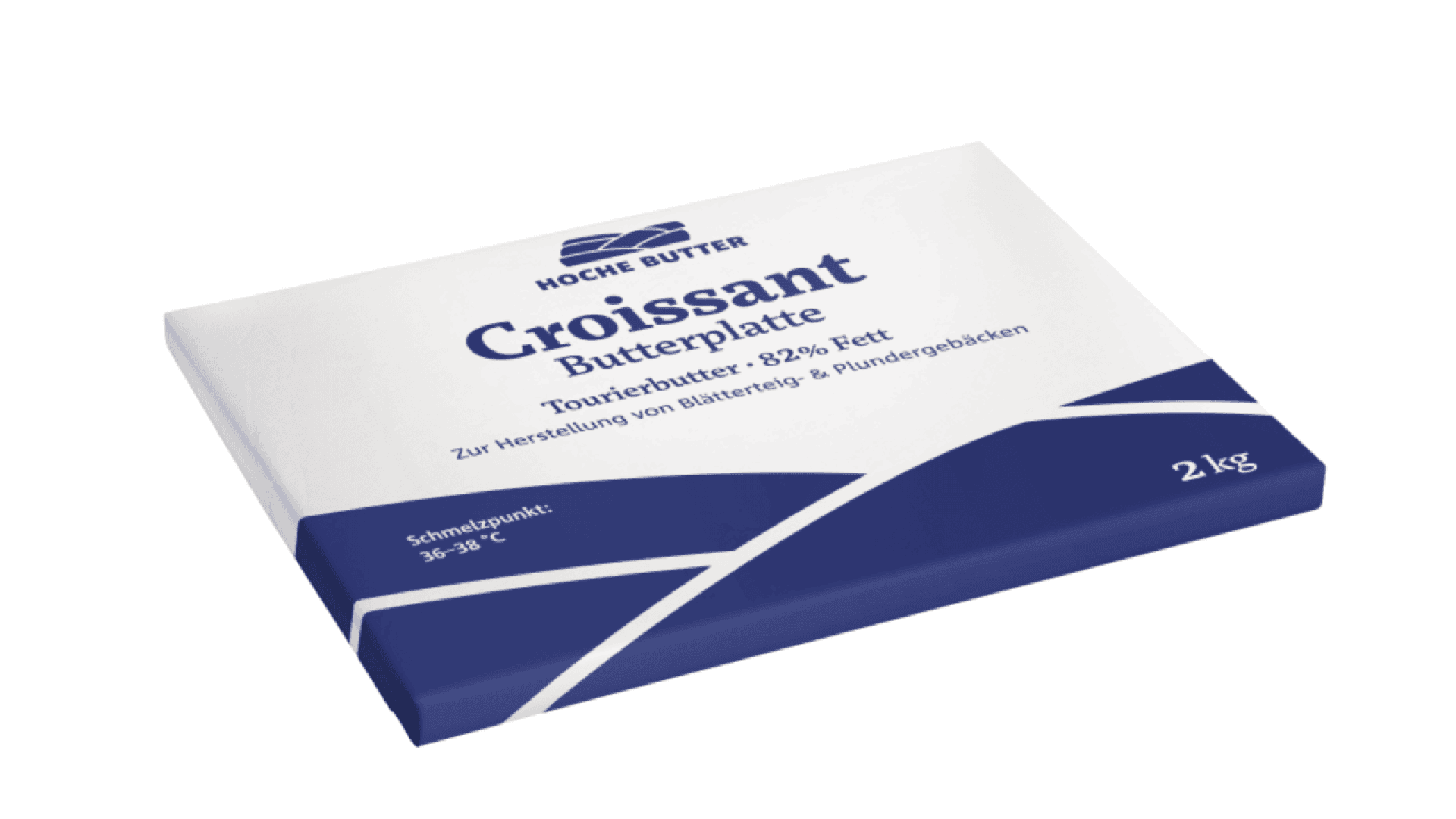 A 2kg rectangular package of Hoche Butter brand croissant butter block, labeled Croissant Butterplatte with blue and white design and German text for baking use.