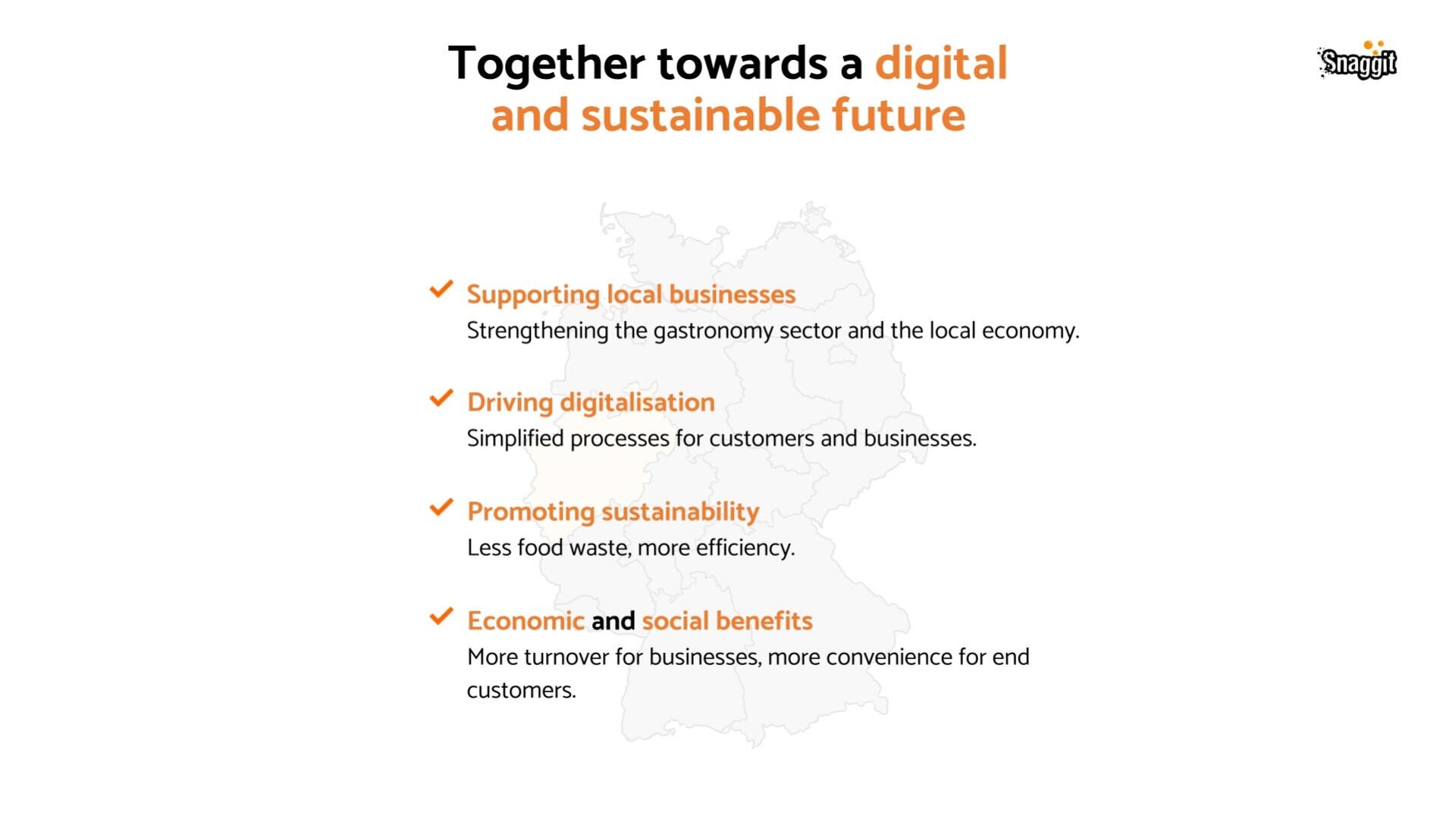 A graphic with the title Together towards a digital and sustainable future lists four goals: supporting local businesses, driving digitalisation, promoting sustainability, and economic and social benefits, over a faint map outline.