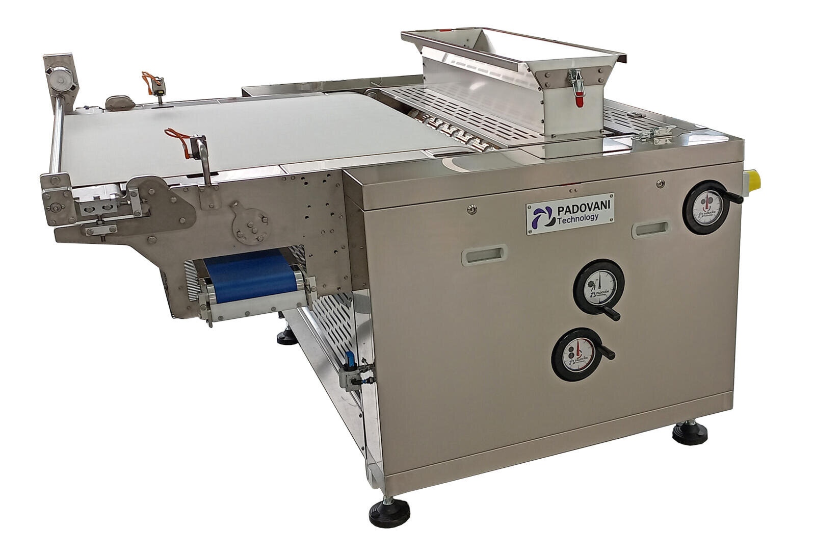 A stainless steel industrial food processing machine with conveyor belts, control dials, and a hopper, labeled Padovani Technology, placed on a white background.
