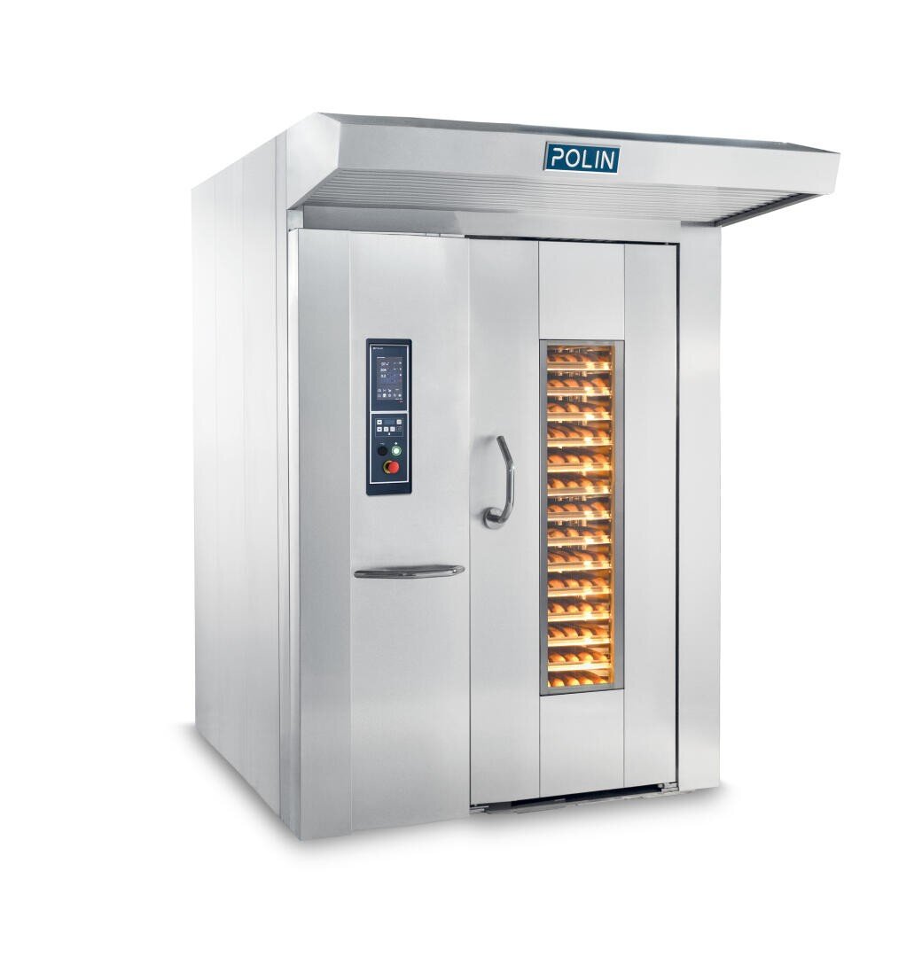 Ein großer gewerblicher Backofen aus Edelstahl mit der Bezeichnung „Polin“ und einer Glastür, in der sich Backbleche mit Backwaren befinden, sowie einem digitalen Bedienfeld auf der linken Seite.