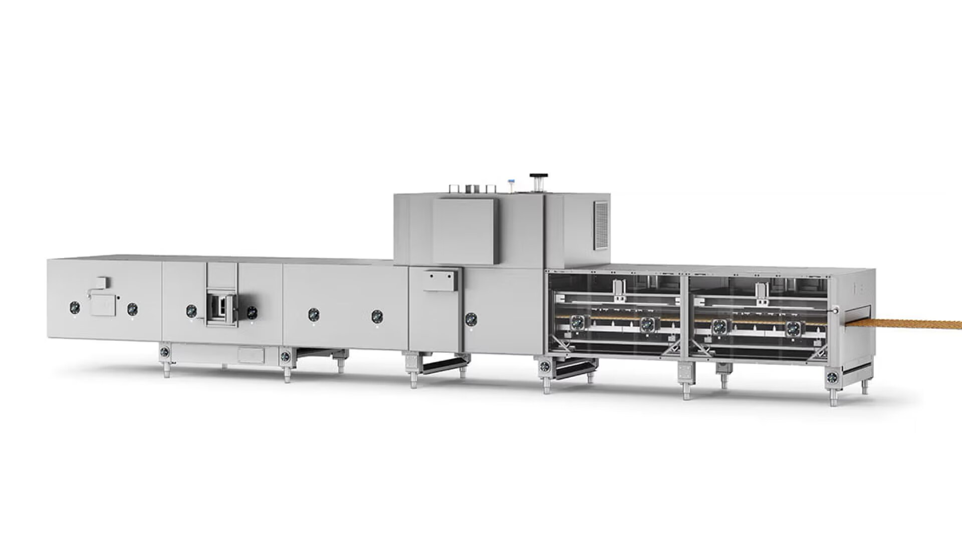 A large industrial food processing machine with multiple compartments, metal panels, and conveyor belts, designed for automated production in a factory setting.
