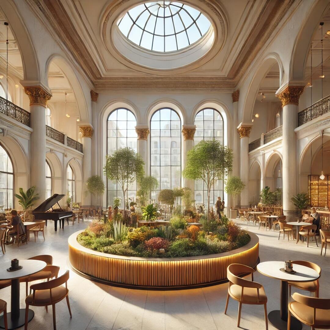 Ein geräumiges, elegantes Café mit hohen Bogenfenstern, einer großen Glaskuppeldecke, Bäumen und Pflanzen im Innenbereich, runden Tischen und einem Flügel, durchflutet mit natürlichem Licht und speisenden Menschen.