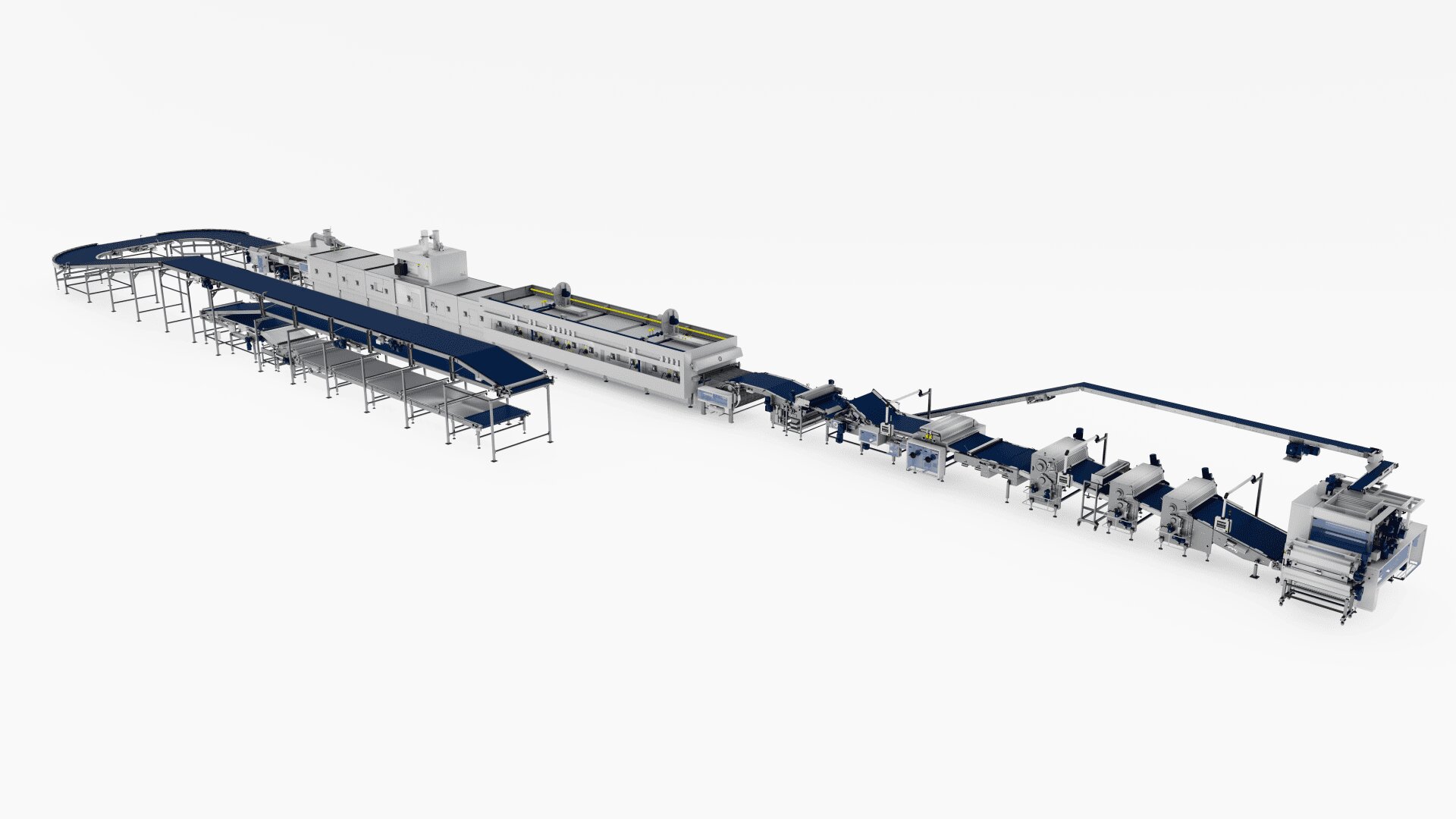 A large industrial food processing and packaging line with conveyor belts, machinery, and workstations arranged in a sequence on a white background.