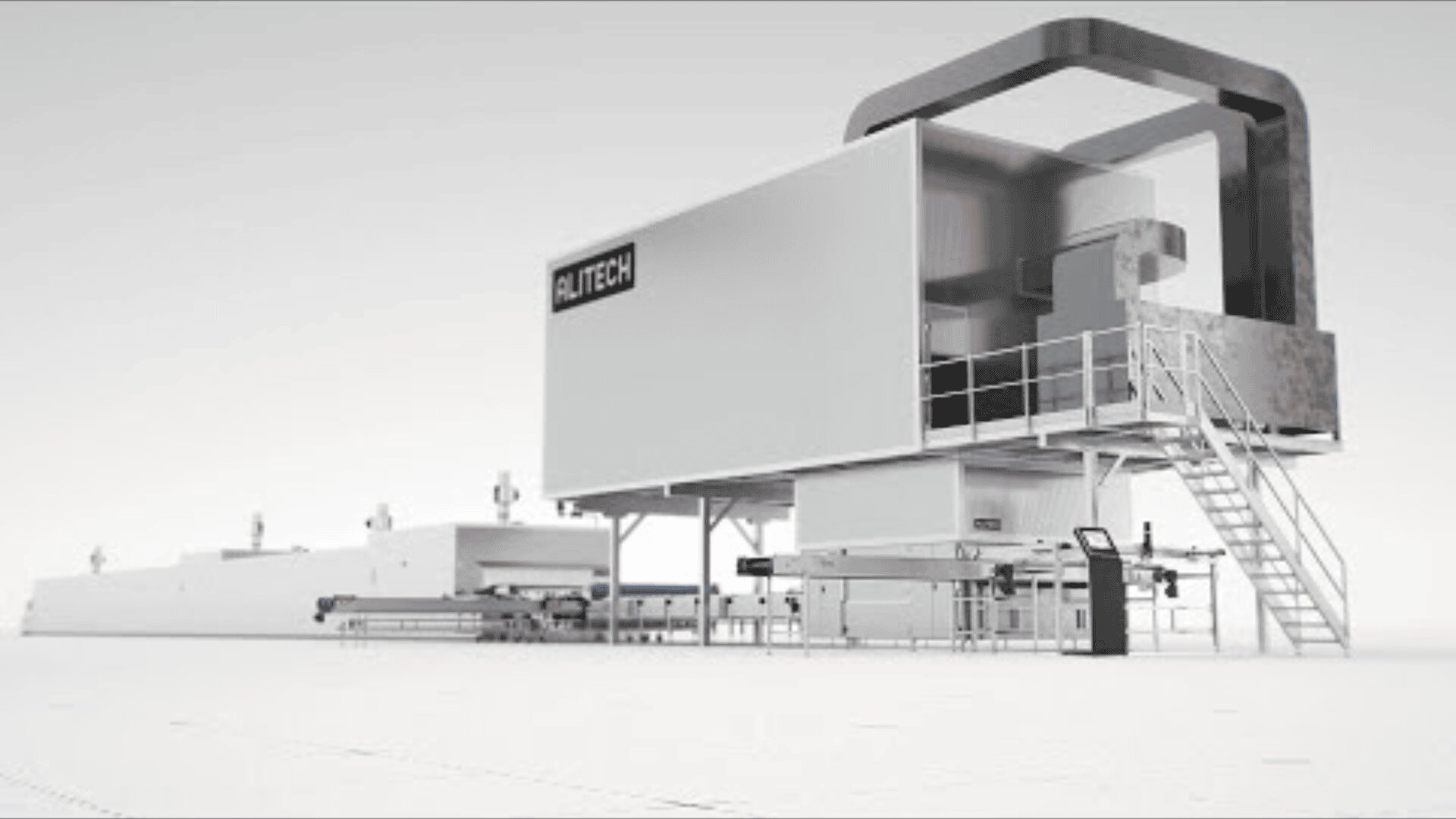 A large, modern industrial machine with the label “Alitech” is set in a clean, spacious environment. The unit features platforms, staircases, and conveyor belts extending from its sides.