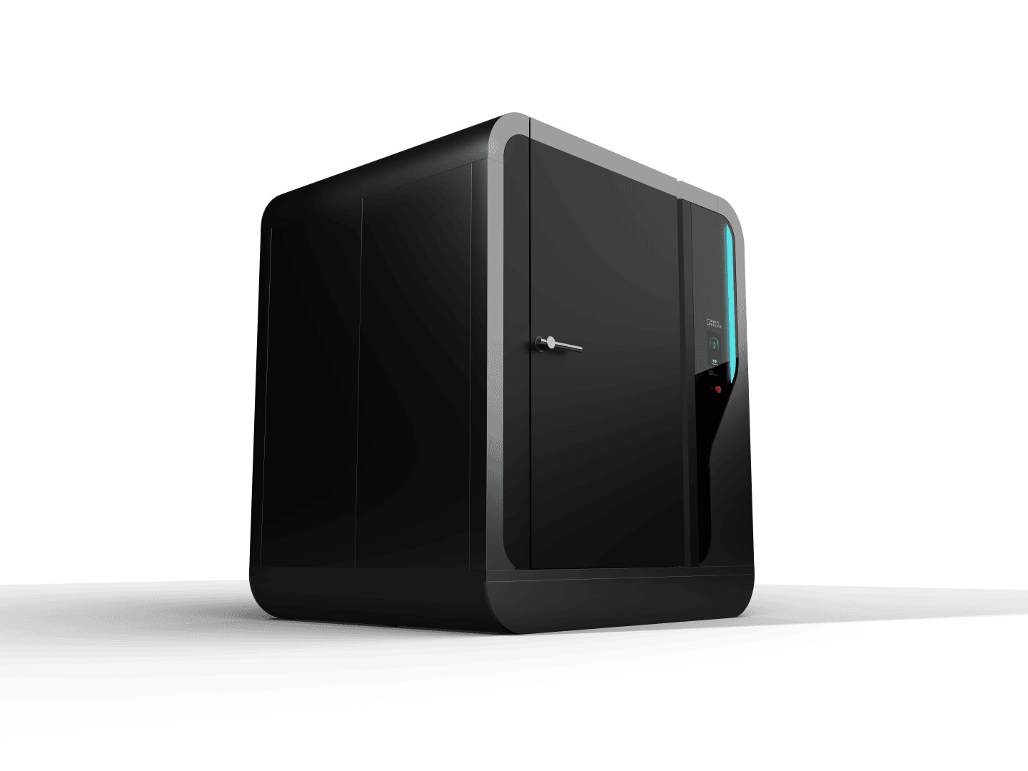 Ein schlankes, schwarzes, rechteckiges Gehäuse mit abgerundeten Kanten und einer einzigen Tür, die auf der rechten Seite eine vertikale, blau beleuchtete Tafel auf weißem Hintergrund aufweist.