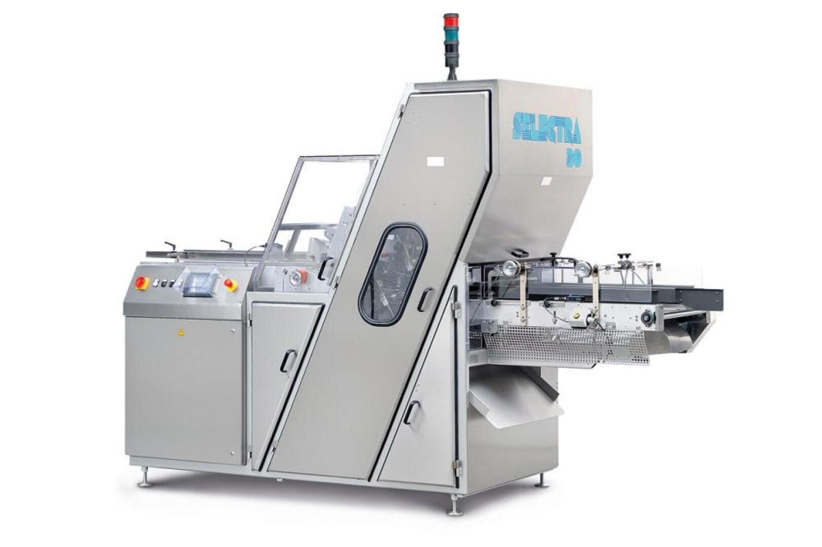 Eine große, industrielle Verpackungsmaschine mit einem Gehäuse aus Edelstahl, Bedienfeld, Sichtfenster und Fördersystem. Die Maschine ist auf dem oberen Teil mit SELECTA 10 beschriftet.