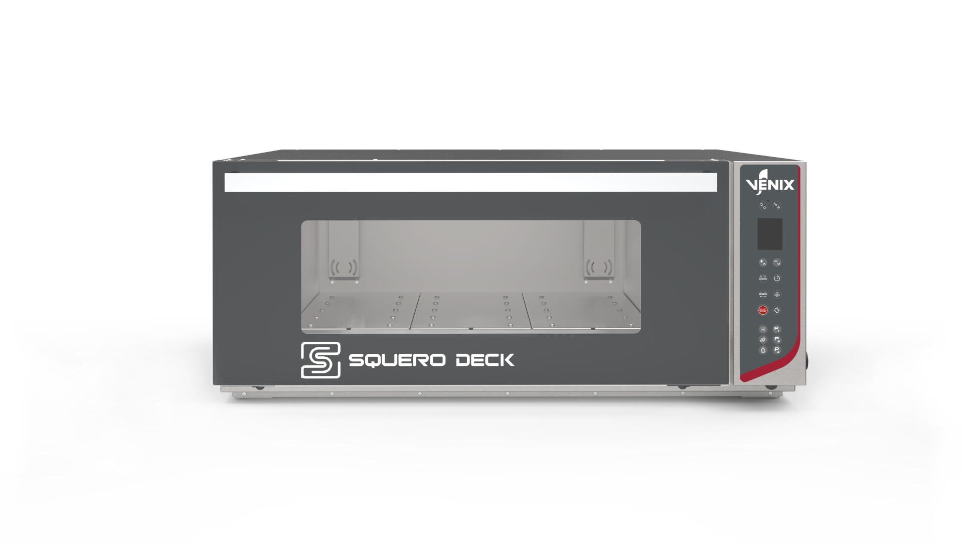 A modern black and silver countertop oven with a digital control panel on the right side, labeled SQUERO DECK and VENIX on the front, and an open transparent door showing the empty interior.
