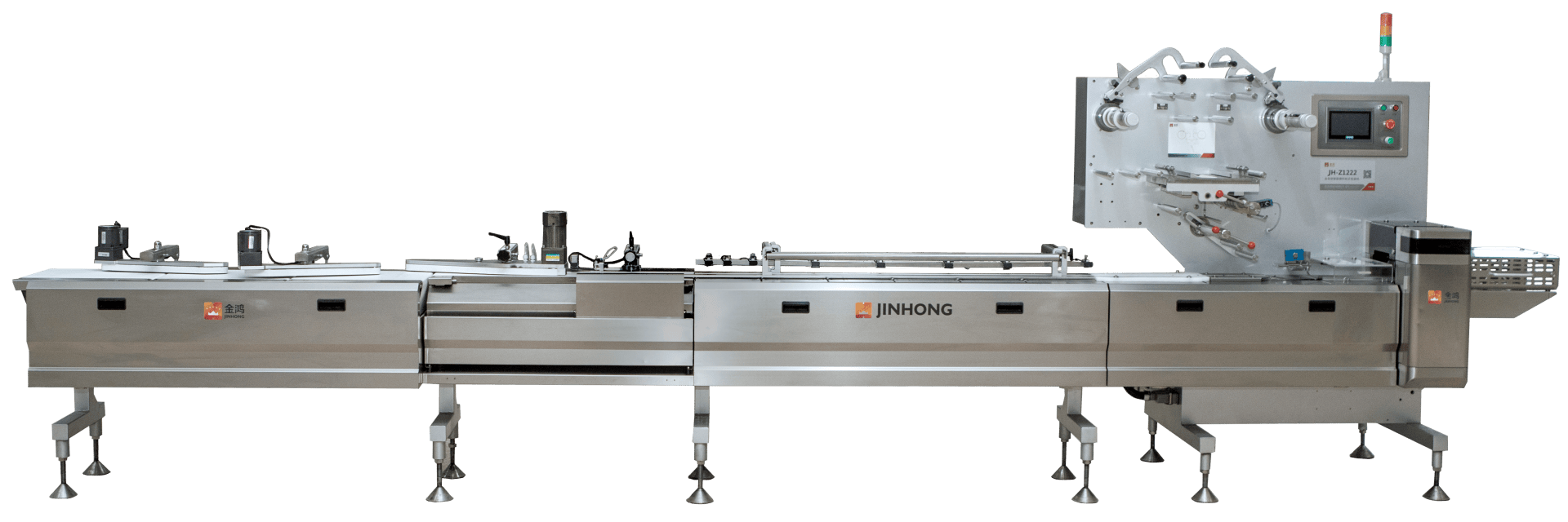 A large stainless steel automatic food packaging machine with multiple compartments, a control panel, and various mechanical components, designed for industrial use.