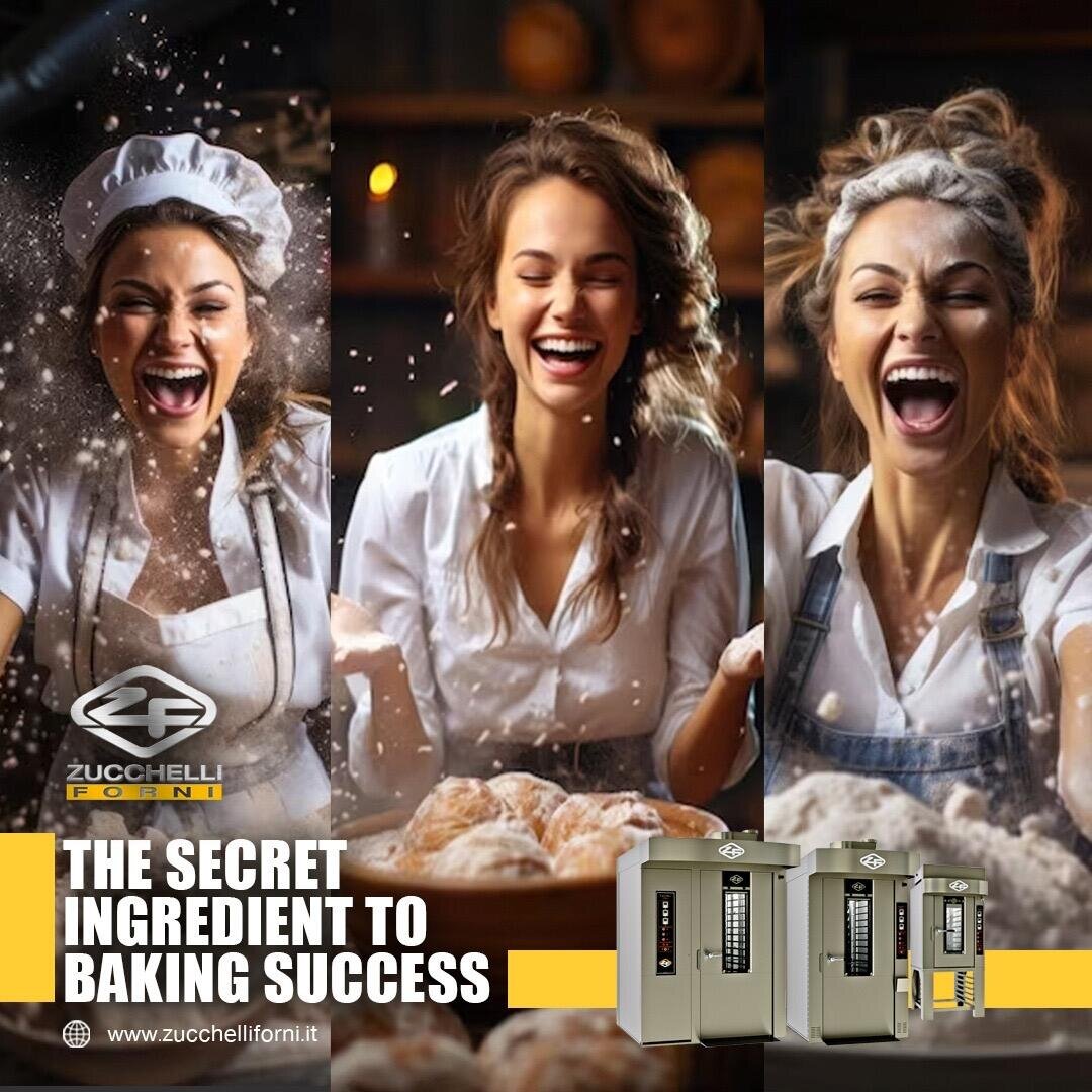 Three joyful women in chef attire laugh and bake bread with flour dust in the air. Text reads, “The secret ingredient to baking success.” Industrial ovens and the Zucchelli Forni logo appear at the bottom.