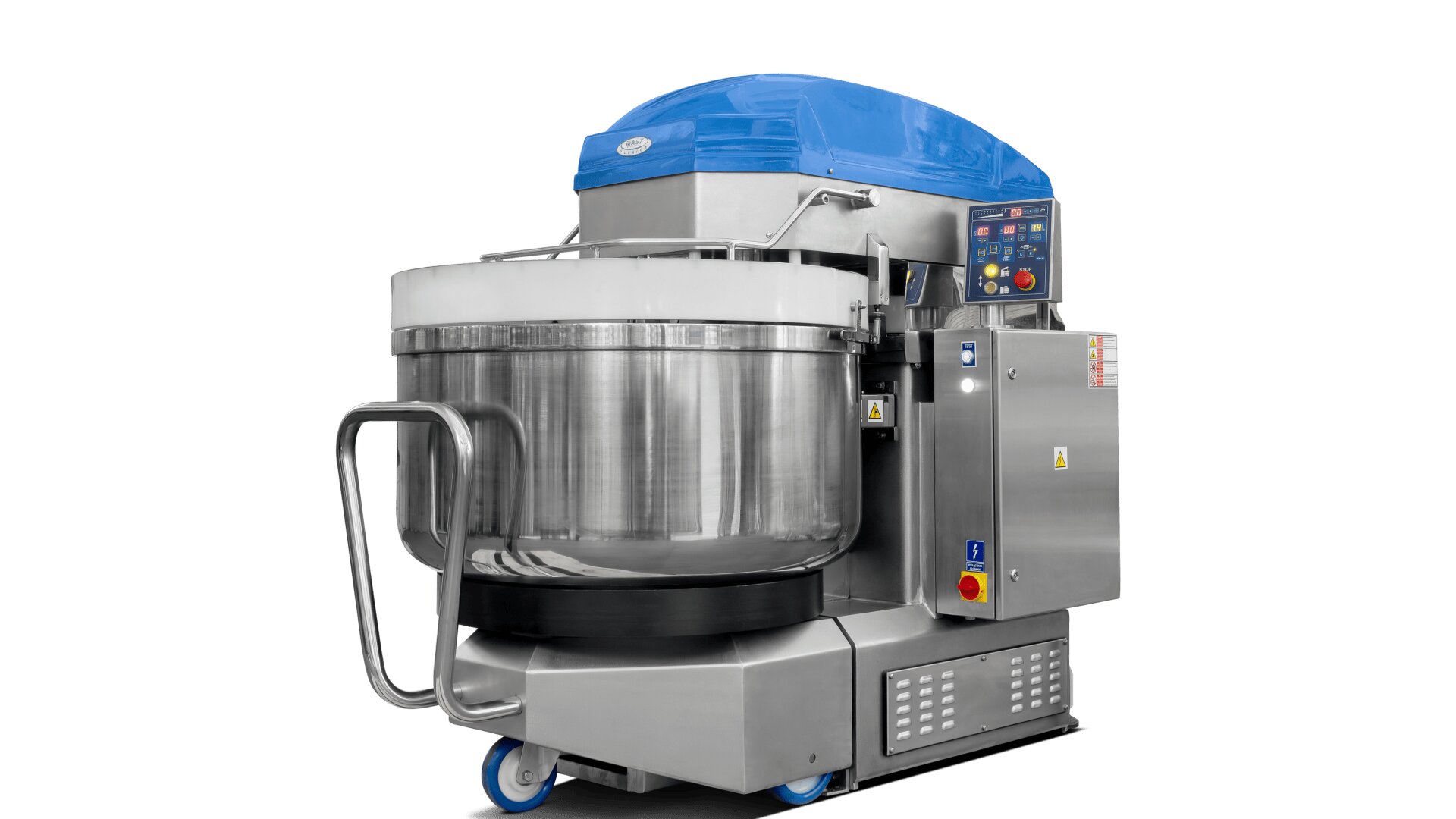Ein großer industrieller Teigmischer mit einer Edelstahlschüssel, blauem Deckel, Bedienfeld und Rädern für mehr Mobilität, konzipiert für den Einsatz in gewerblichen Bäckereien.