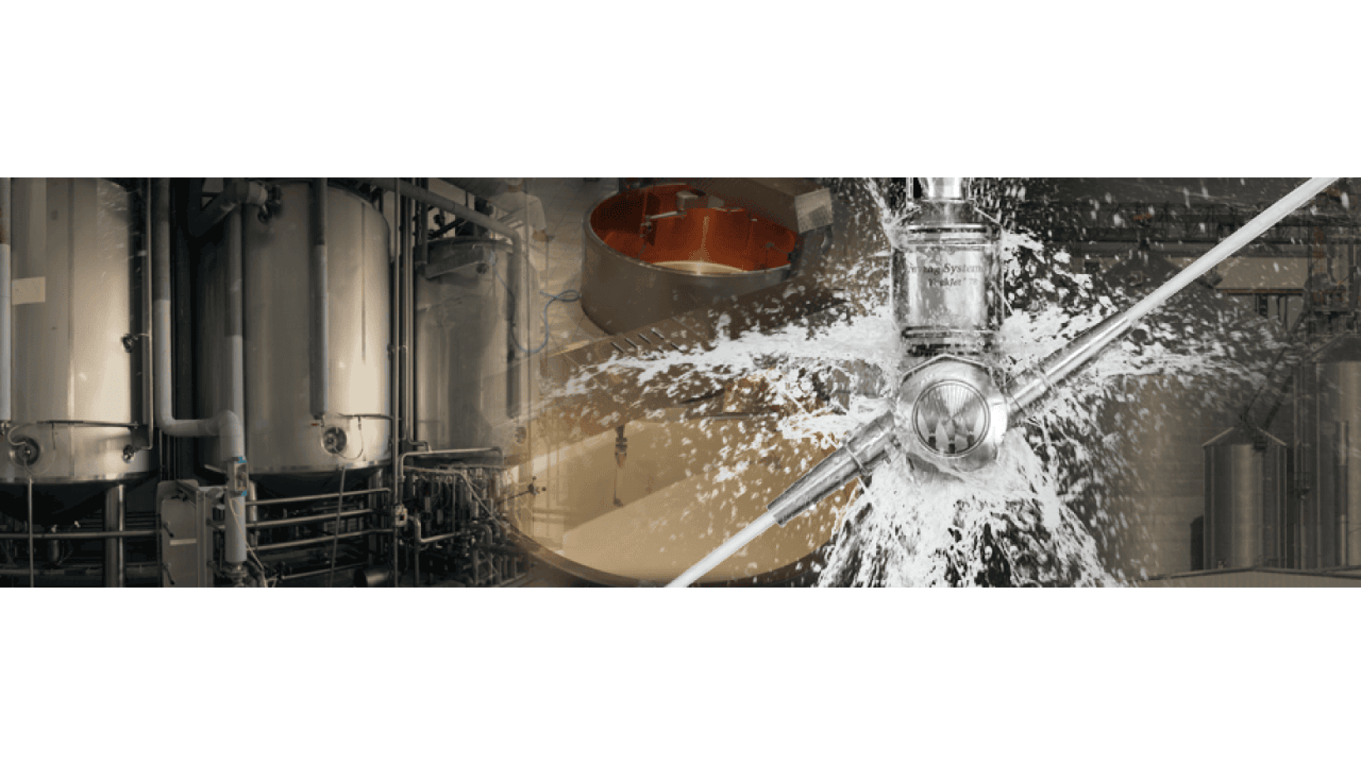 Large metal tanks and industrial pipes in a factory setting, with water spraying forcefully from a pipe joint or valve in the foreground.