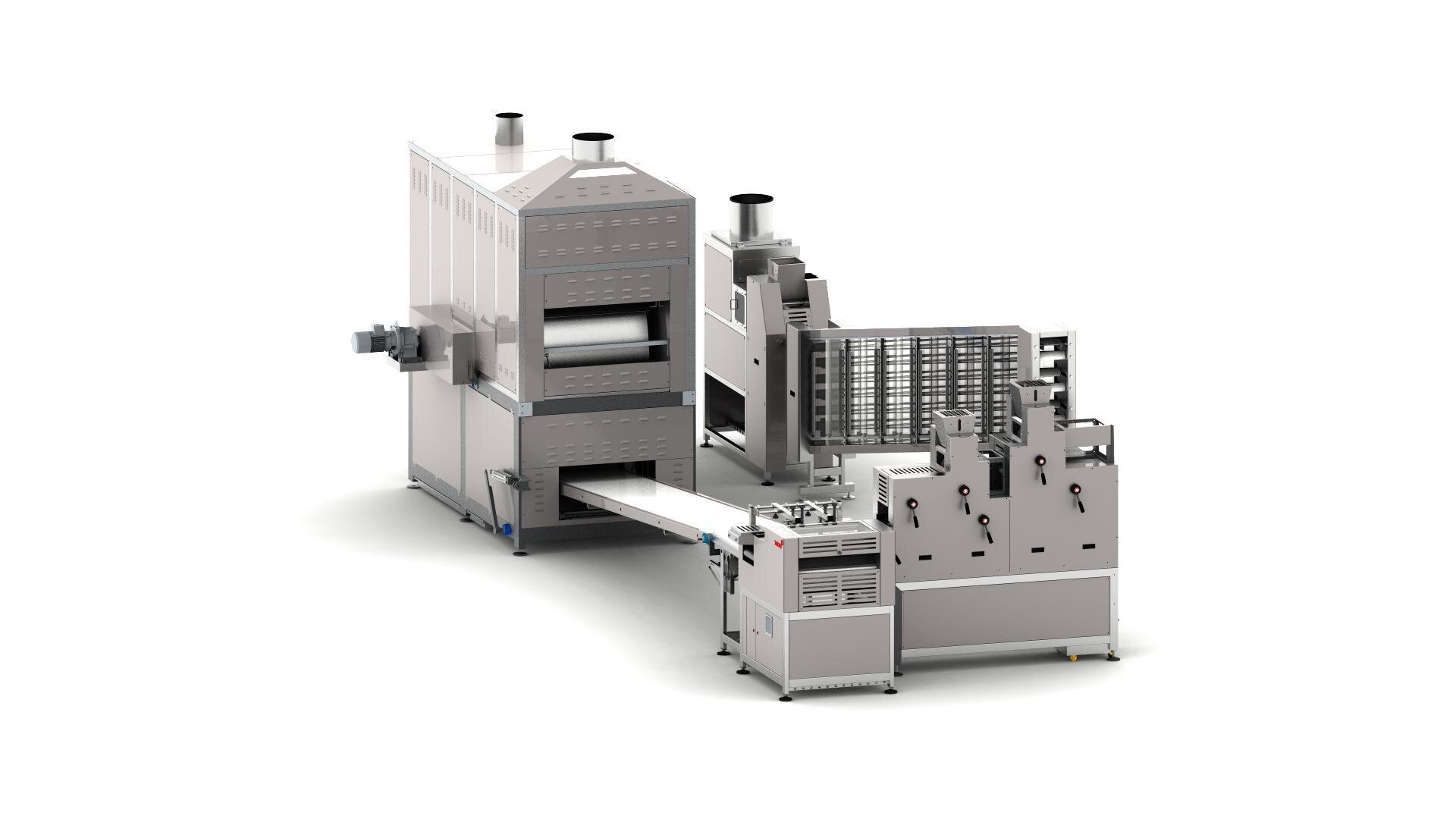 Large industrial machine with conveyor belts and multiple compartments, likely used for automated food processing or manufacturing, shown against a white background.