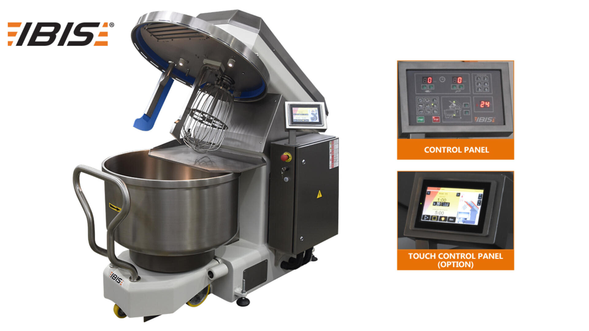 A large industrial IBIS mixer with an open lid and mixing attachments. Two inset images show a traditional control panel and an optional touch control panel for operating the machine.