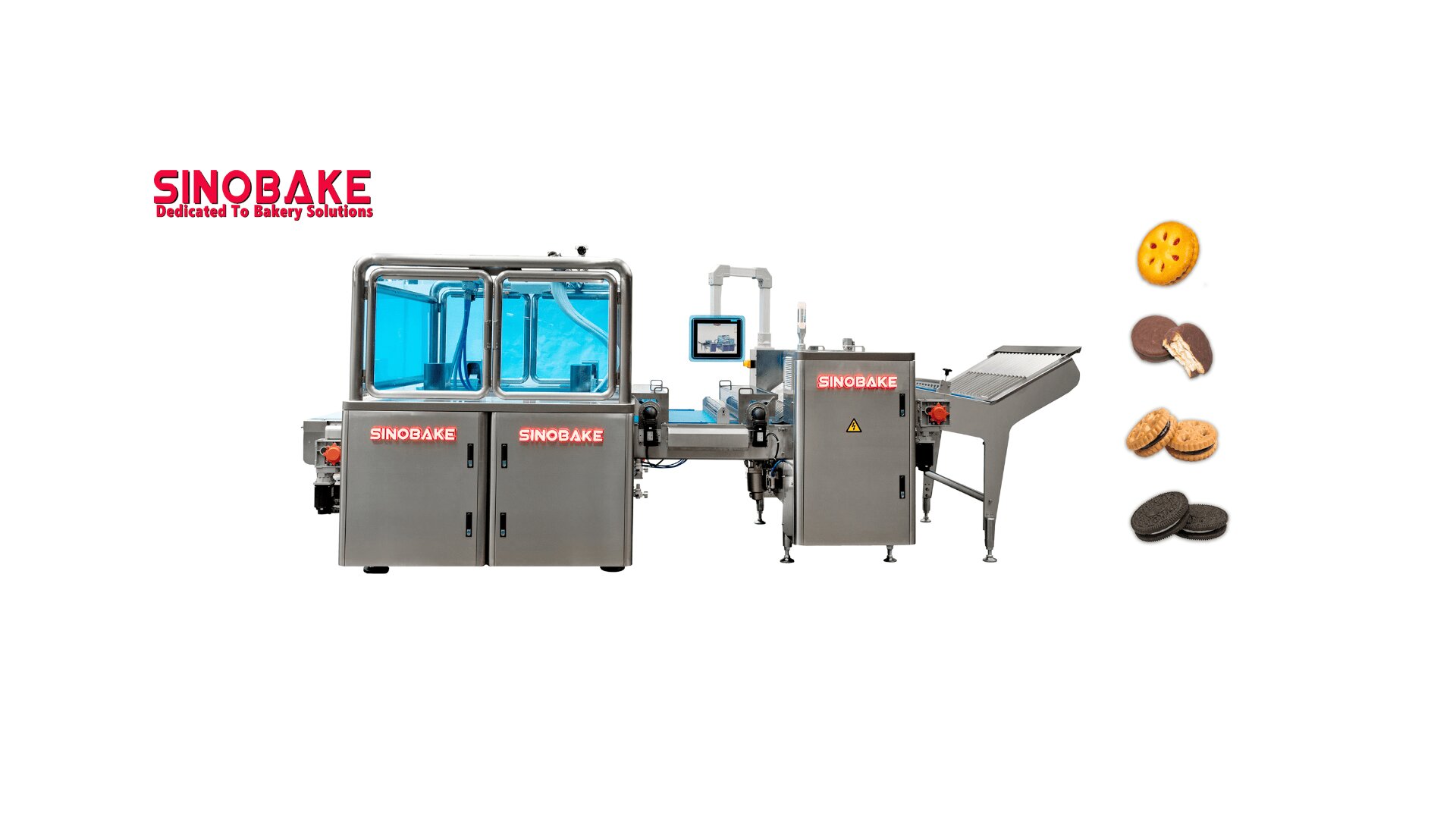 Industrielle Bäckereimaschine mit der Bezeichnung SINOBake mit einem Förderband und fünf Arten von gefüllten Keksen auf der rechten Seite. Das SINOBake-Logo und der Slogan Dedicated To Bakery Solutions erscheinen in der oberen linken Ecke.