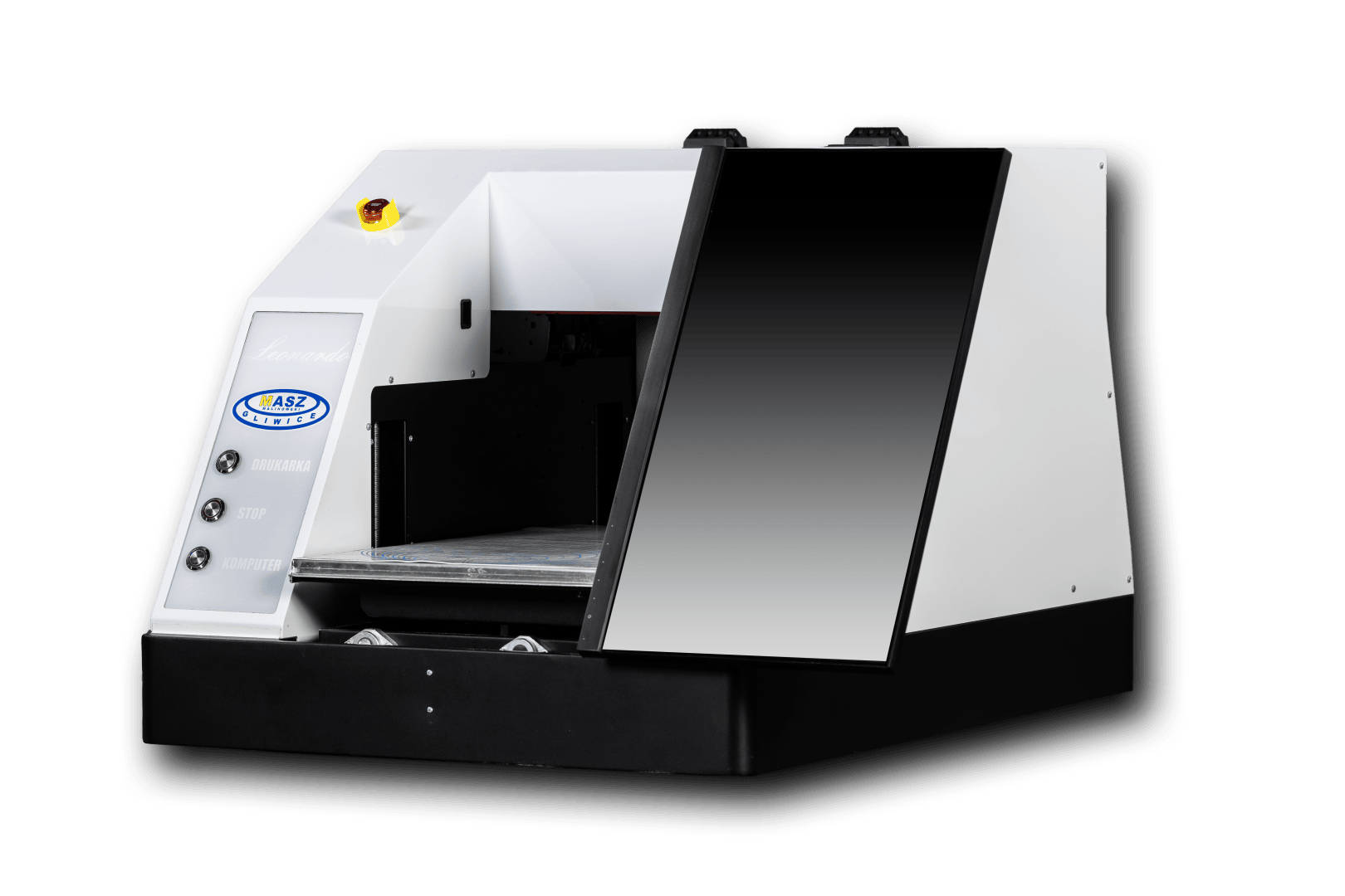 A large, white industrial machine with a black base and angled front panel, featuring control buttons, an emergency stop switch, and an open compartment for processing items.