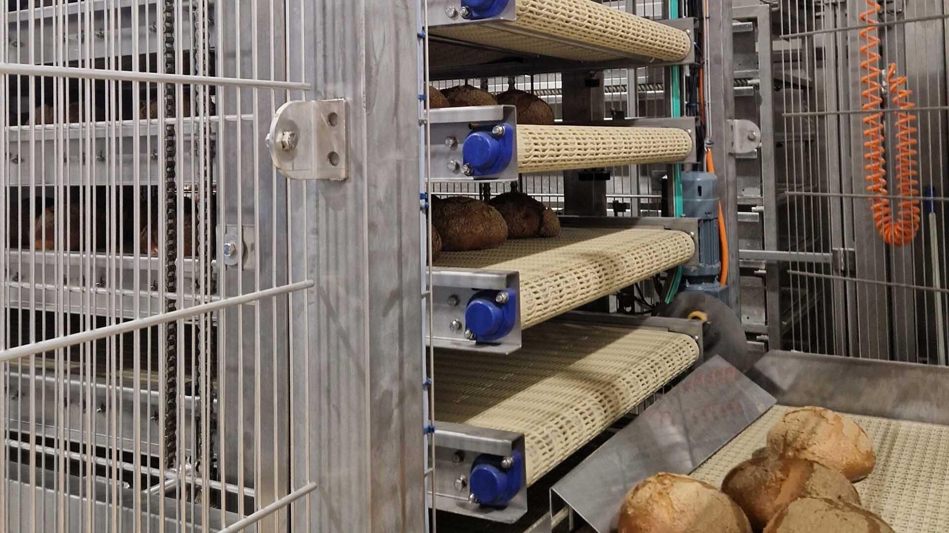 Brotlaibe werden auf mehreren Förderbändern im Inneren einer industriellen Backmaschine aus Metall platziert, umgeben von Metallstangen und Maschinenteilen in einer Fabrikumgebung.