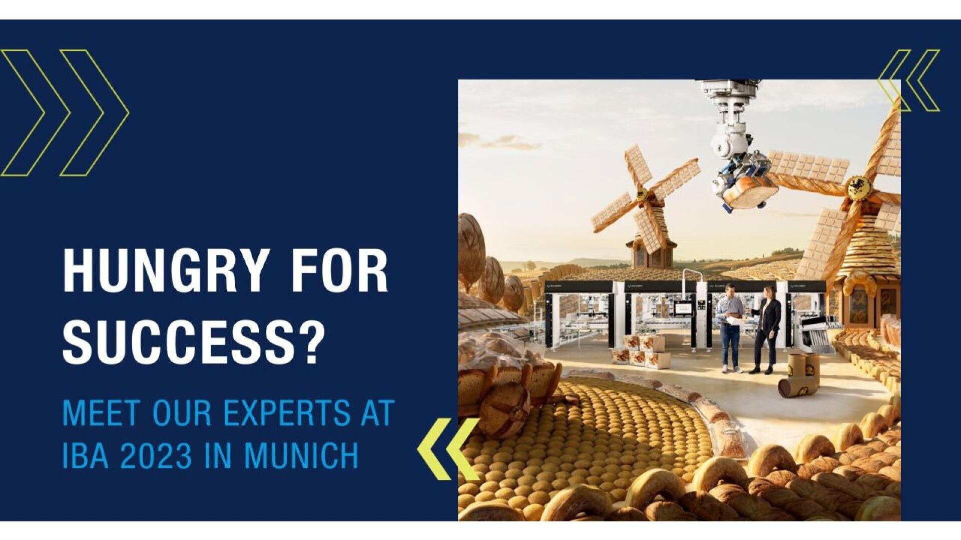 Eine Werbegrafik für die IBA 2023 in München zeigt zwei Personen, die in einer Bäckereilandschaft mit Windmühlen und verschiedenen Brotsorten stehen; der Text lautet: Hungrig nach Erfolg? Treffen Sie unsere Experten auf der IBA 2023 in München.