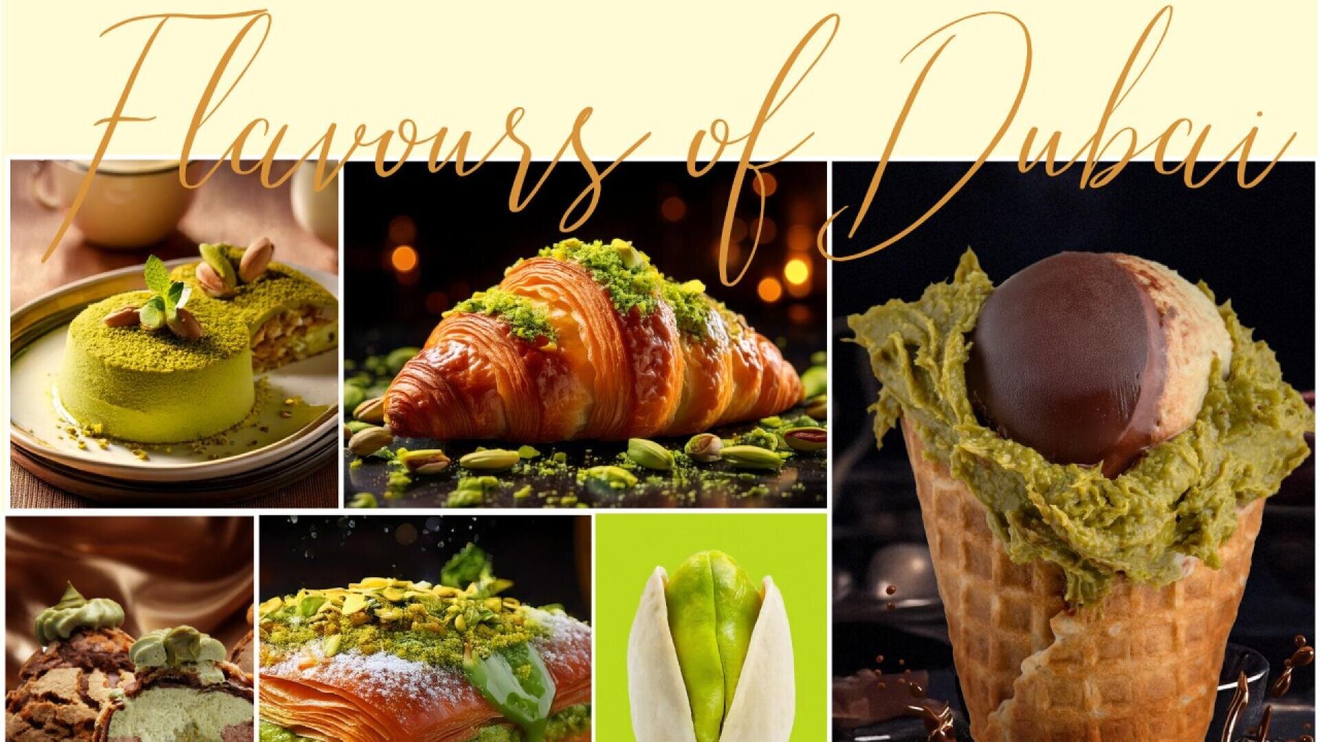 Eine Collage aus Desserts mit Pistazien, darunter Kuchen, Croissants, Eiscreme in einer Waffeltüte und eine Pistazie, unter dem Text „Flavours of Dubai“ in eleganter Schrift.