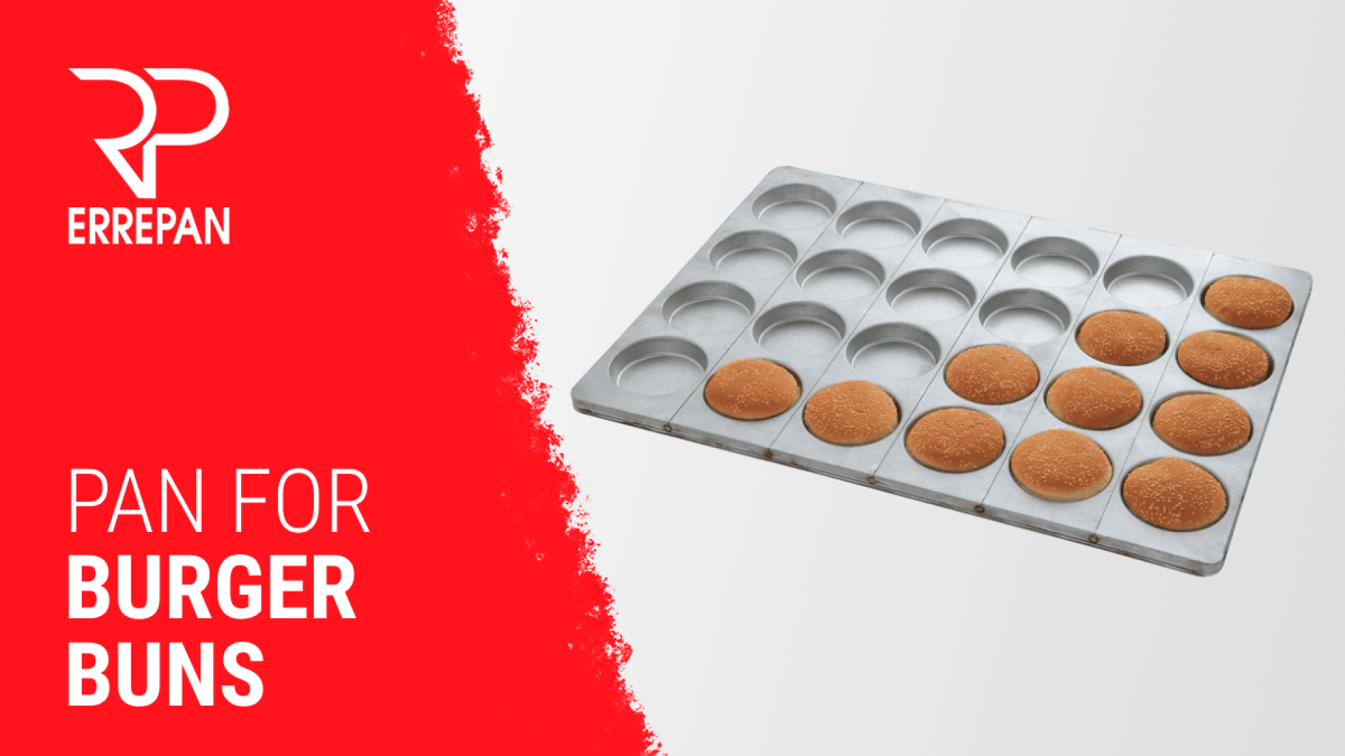 A metal baking tray with round molds holds several burger buns on the right side. On the left, the Errepan logo and the words “Pan for Burger Buns” appear on a bright red background.