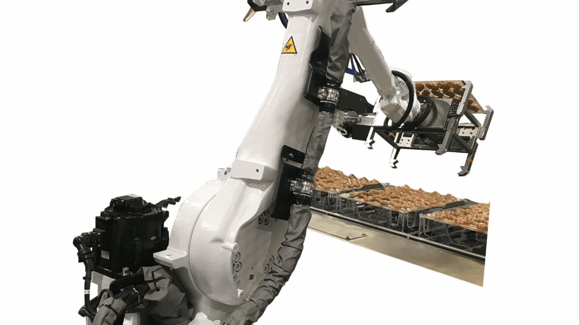 A white industrial robotic arm is picking up trays of brown eggs from a conveyor belt, likely in an automated food processing or packaging facility. The background is white.