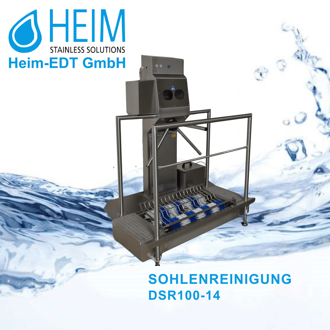 Edelstahlsohlenreinigungsmaschine mit Geländer der Heim-EDT GmbH, dargestellt auf einem Wasserspritzhintergrund, beschriftet mit "Sohlenreinigung DSR100-14".
