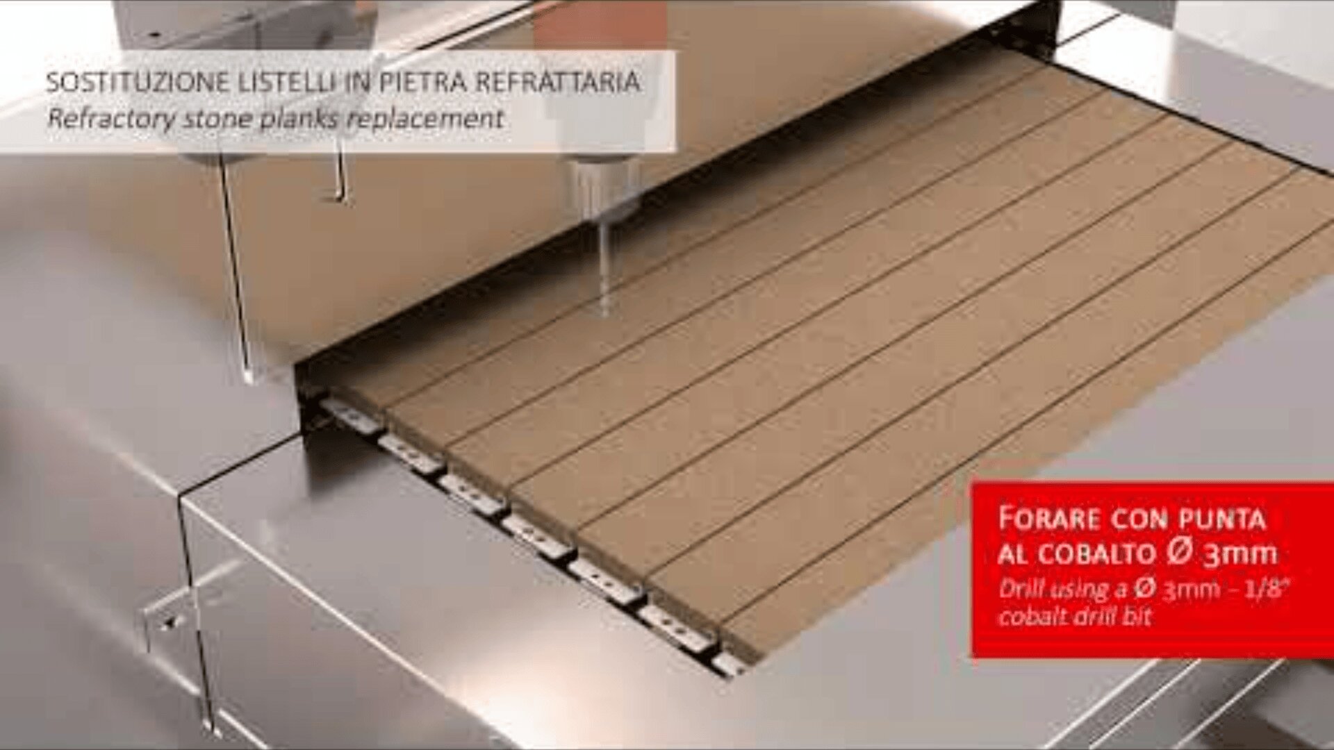 A machine uses a drill to make holes in rectangular stone planks arranged side by side. Italian and English text states this is refractory stone plank replacement, using a 3mm cobalt drill bit.