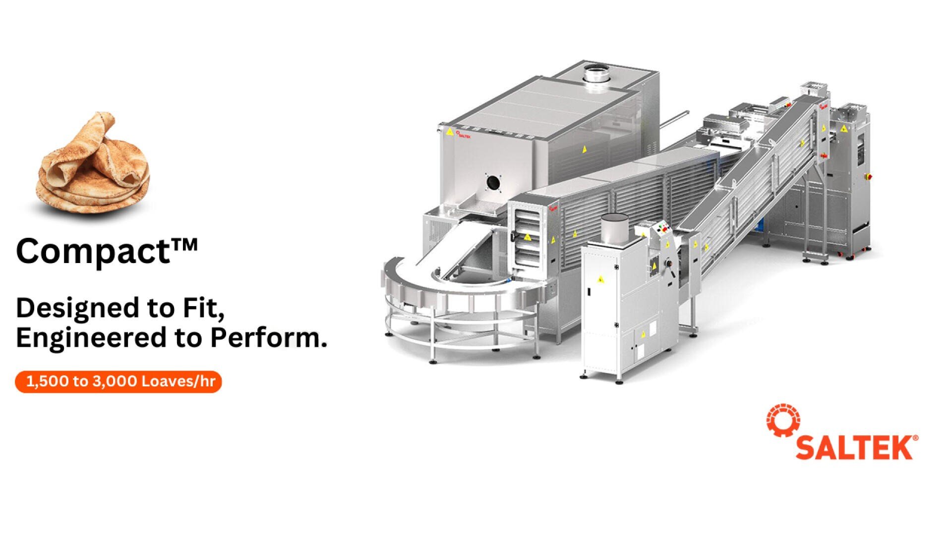 Industrial bread-making machine with conveyors and control panels. Text reads: Compact™ Designed to Fit, Engineered to Perform. 1,500 to 3,000 Loaves/hr. Image of flatbread and SALTEK logo appear on the left.