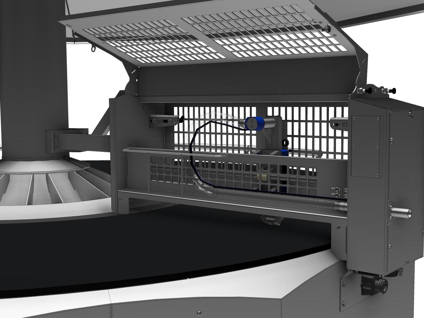 Nahaufnahme einer Industriemaschine mit einem Metallgittergehäuse. Darin sind Kabel, ein blauer Sensor und verschiedene mechanische Komponenten zu sehen. Das Gehäuse ist teilweise geöffnet und gibt den Blick auf detaillierte Innenteile frei.