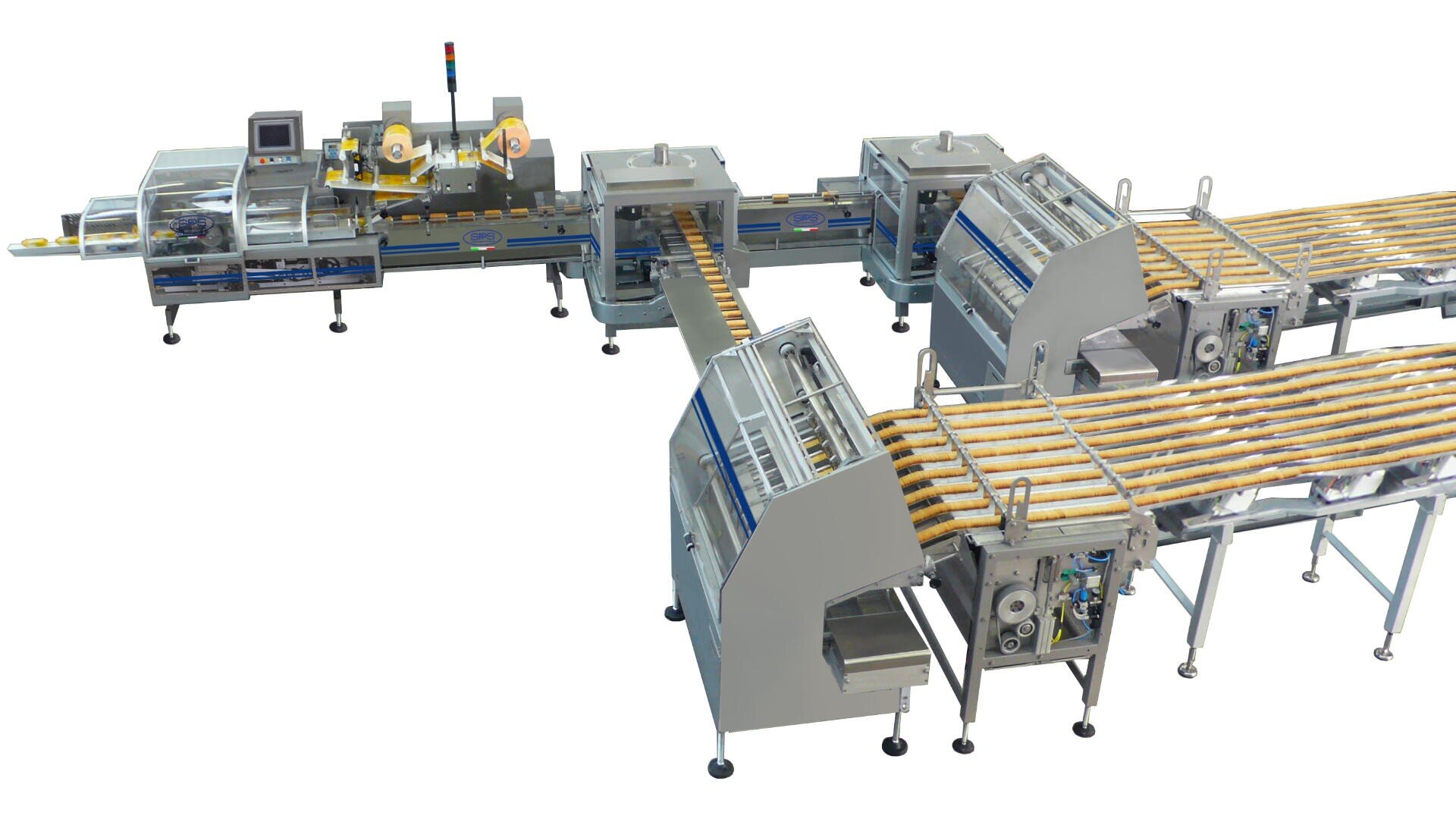 Automated food processing and packaging machine with conveyor belts transporting long breadsticks through various stages, including sorting, packaging, and sealing stations.