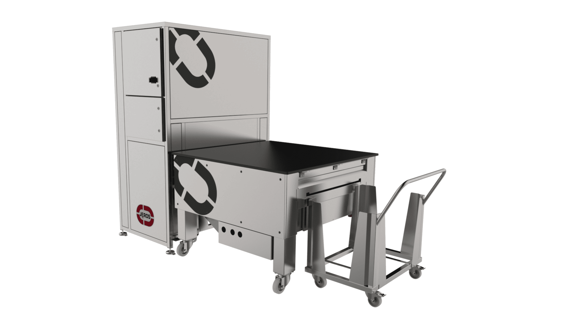 A large, industrial metal machine with wheels, a black tabletop, and a side cart on a wheeled stand. The machine has circular logos and multiple compartments or drawers.