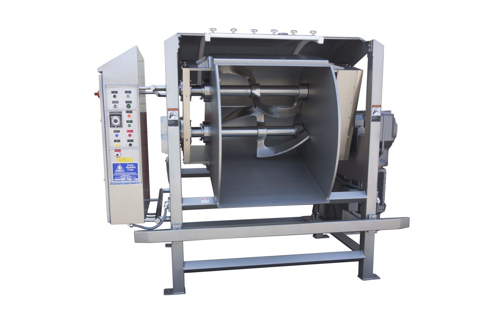Industrial stainless steel ribbon blender with a control panel on the left, open mixing chamber showing horizontal blades, designed for mixing powders or ingredients in food or chemical processing.