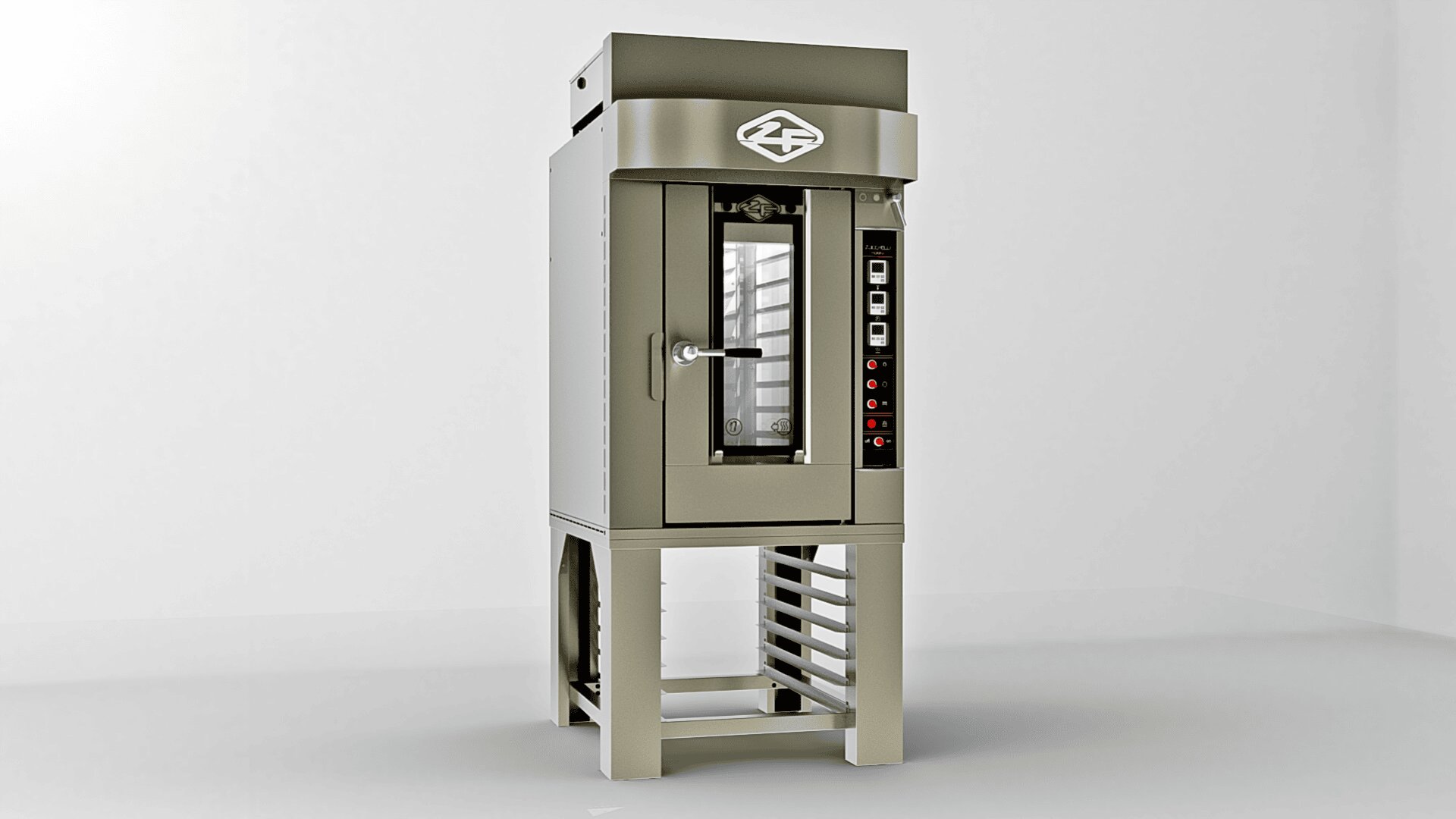 A commercial stainless steel bakery oven with a glass door, digital control panel, and an open storage rack below, set against a plain white background.