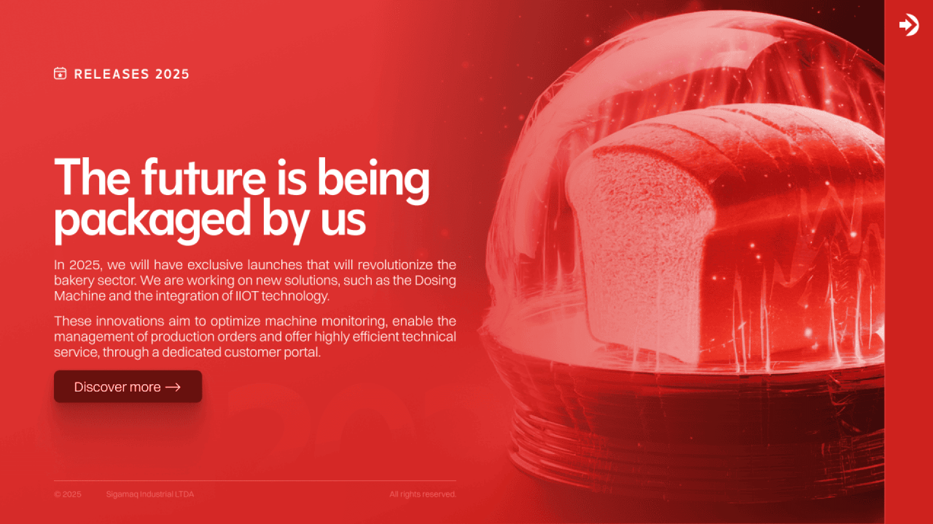 A loaf of bread sits inside a transparent dome against a red background with text announcing future bakery technology innovations and a Discover more button.
