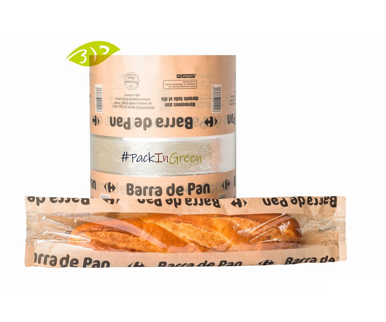 Ein Laib Brot in einer transparenten, umweltfreundlichen braunen Papiertüte mit der Aufschrift „Barra de Pan“, dahinter eine passende Verpackungsrolle und ein grünes Blattsymbol als Hinweis auf Nachhaltigkeit.