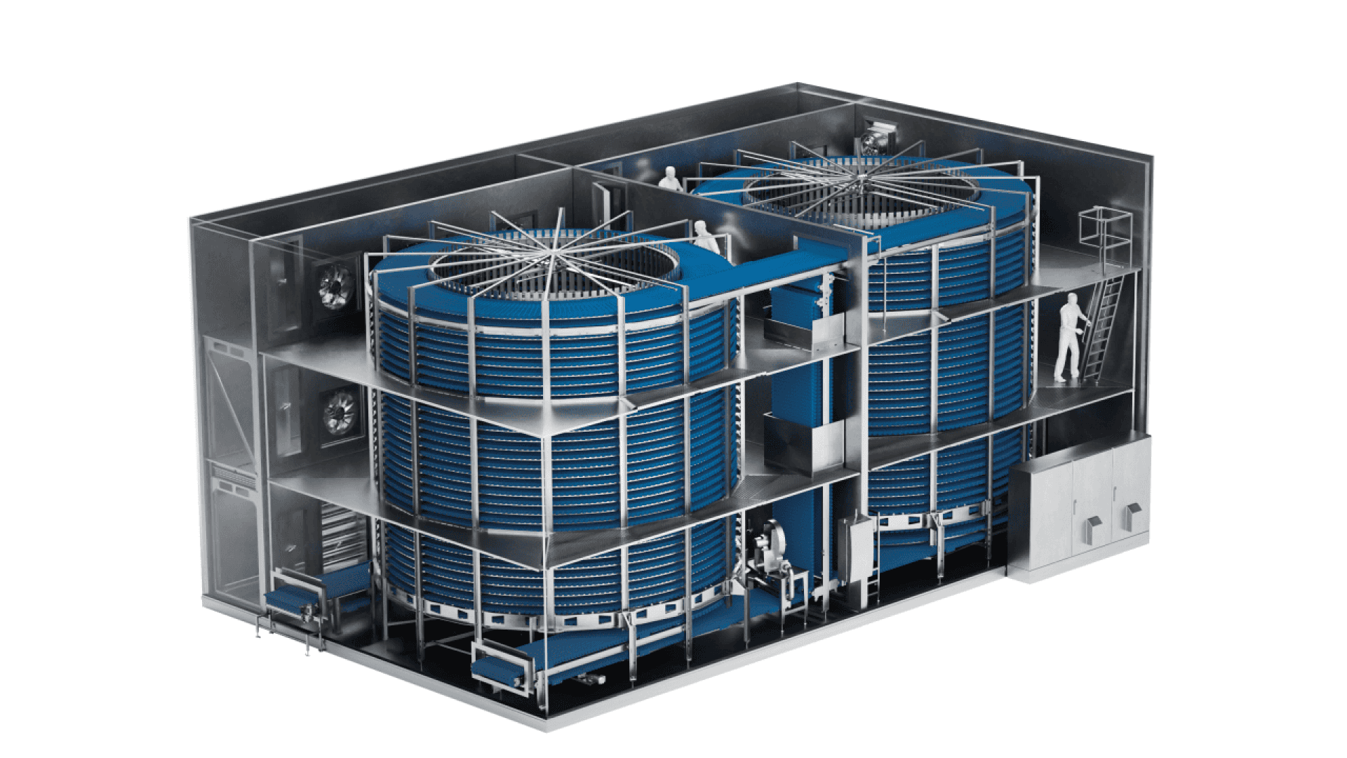 Cross-section illustration of an industrial facility showing two large, spiral conveyor systems in blue, multiple human figures for scale, platforms, ladders, and machinery within a multi-story building.
